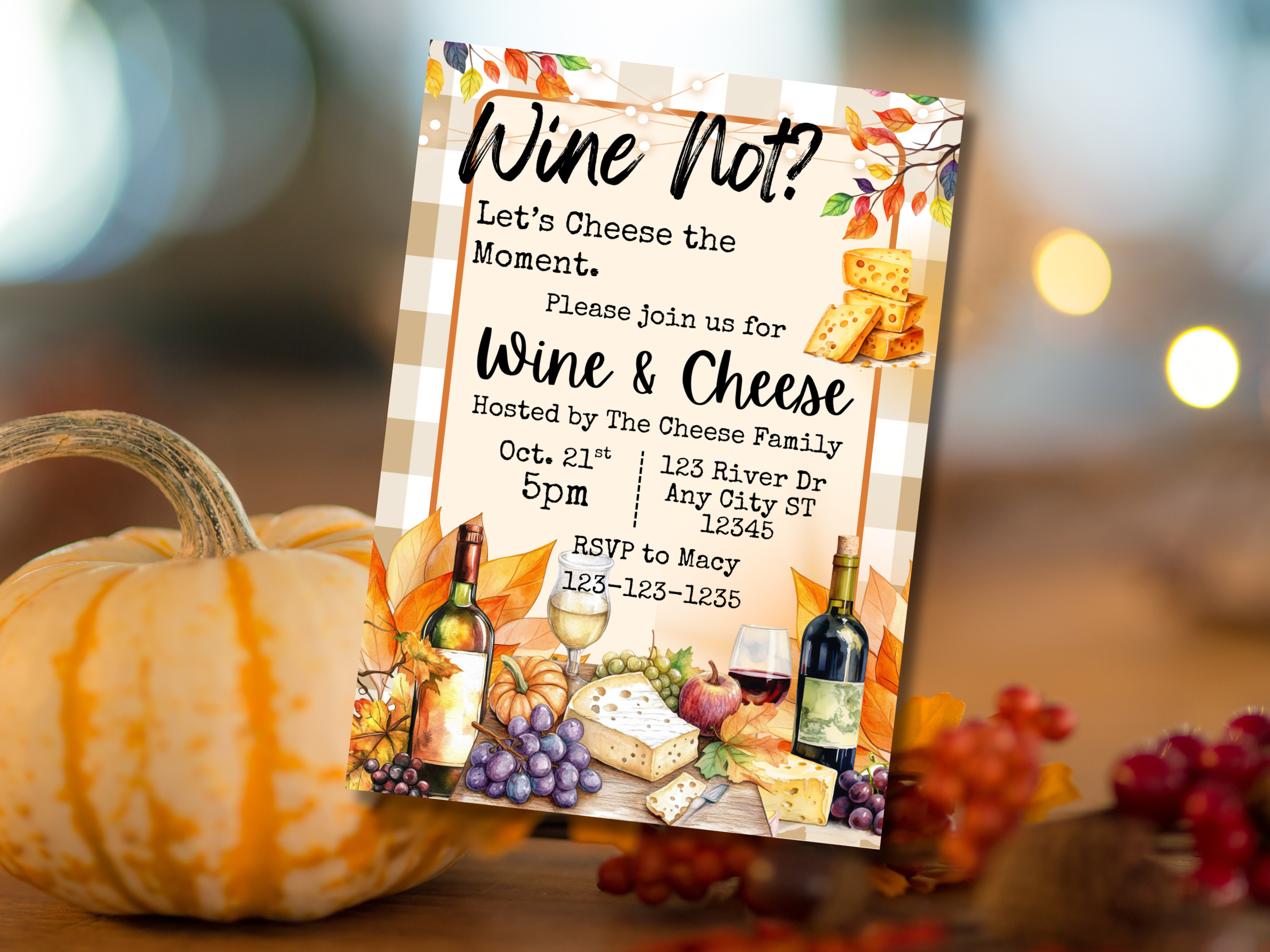 Wine Not Let’s Cheese the Moment Wine & Cheese Party Invitation | Charcuterie Dinner Canva Template | Editable Digital Download 5x7