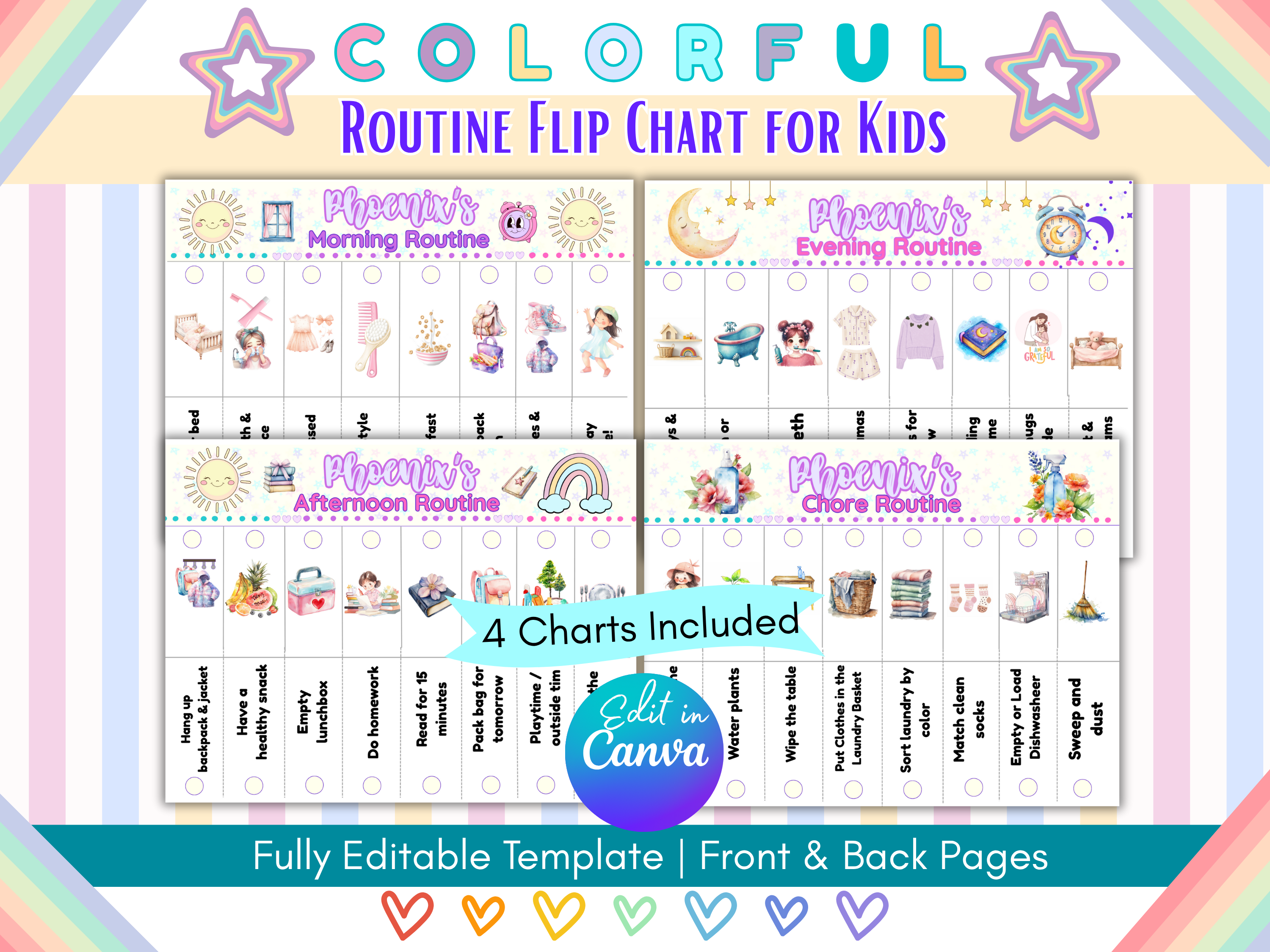 Editable Kids Visual Routine Flip Charts Colorful Morning Afternoon Evening Chores 4 Printable Charts Front & Back Reusable Canva Template