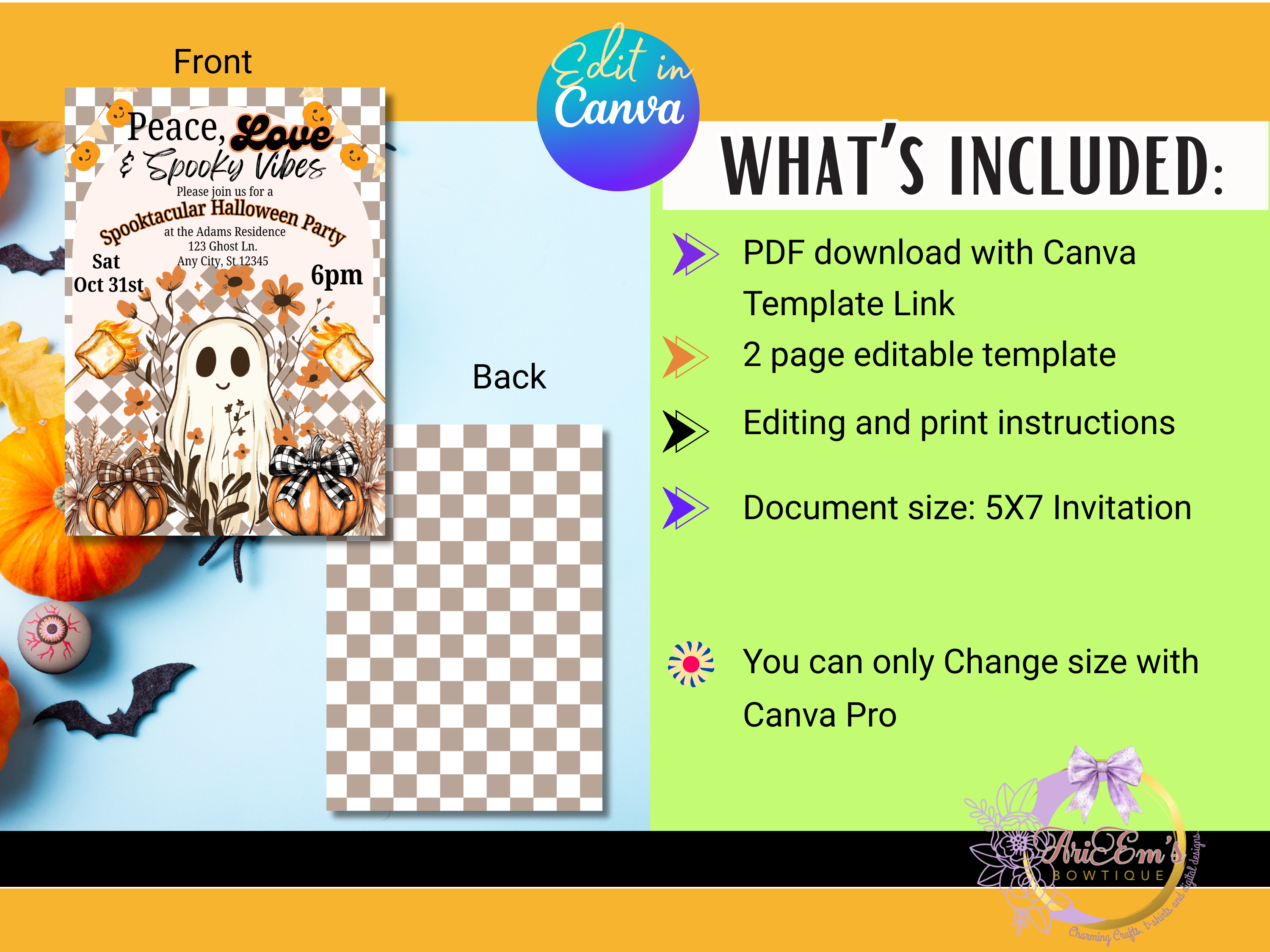 Neon Halloween Party Invitation | Spooky Bright Fun Canva Template | Editable Digital Download for Kids & Adult Halloween Bash