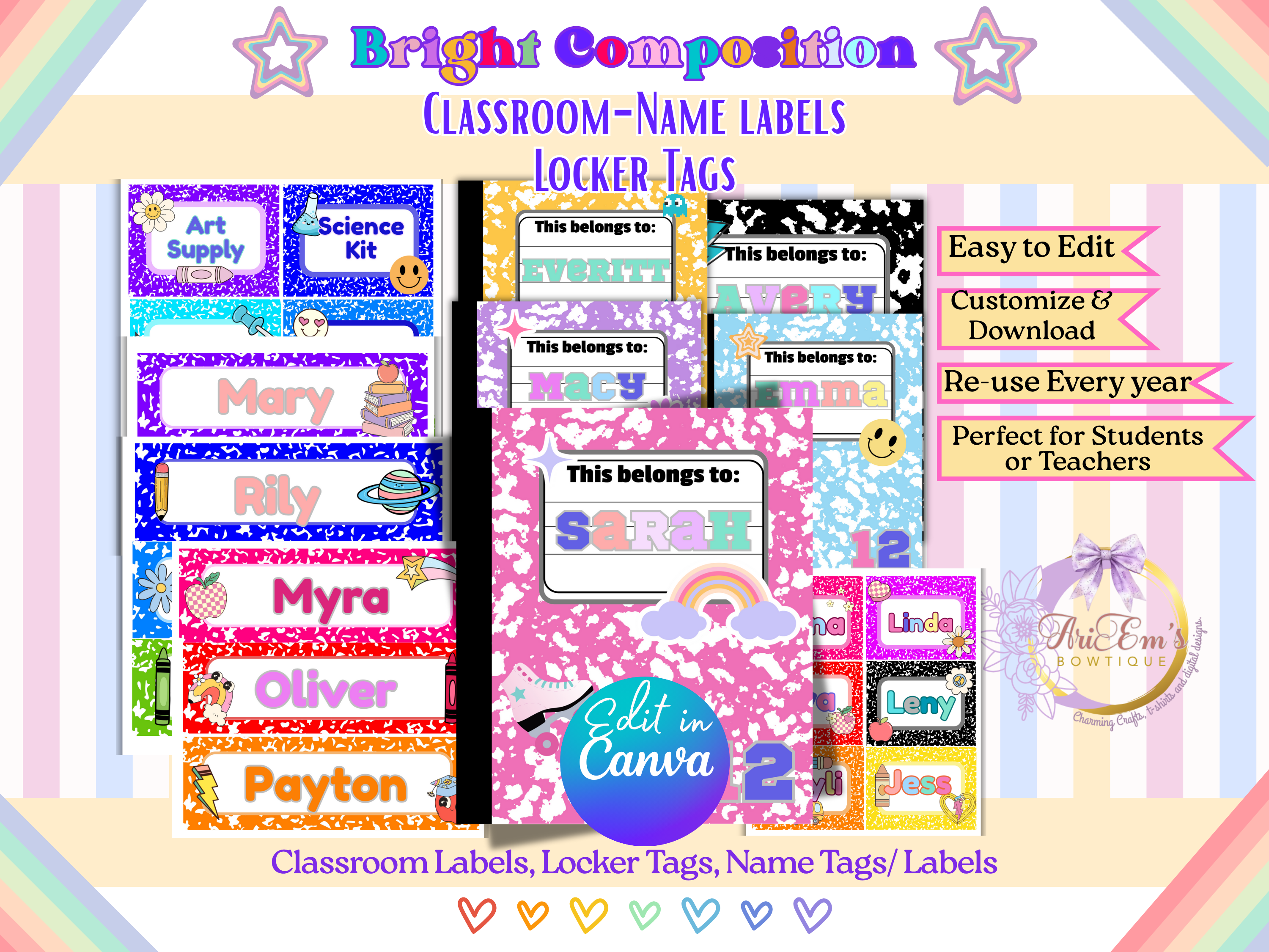 Retro Bright Classroom Labels Set - 29 Editable Tags in 3 Sizes - Composition Style Name Tags, Locker Labels, Desk Tags