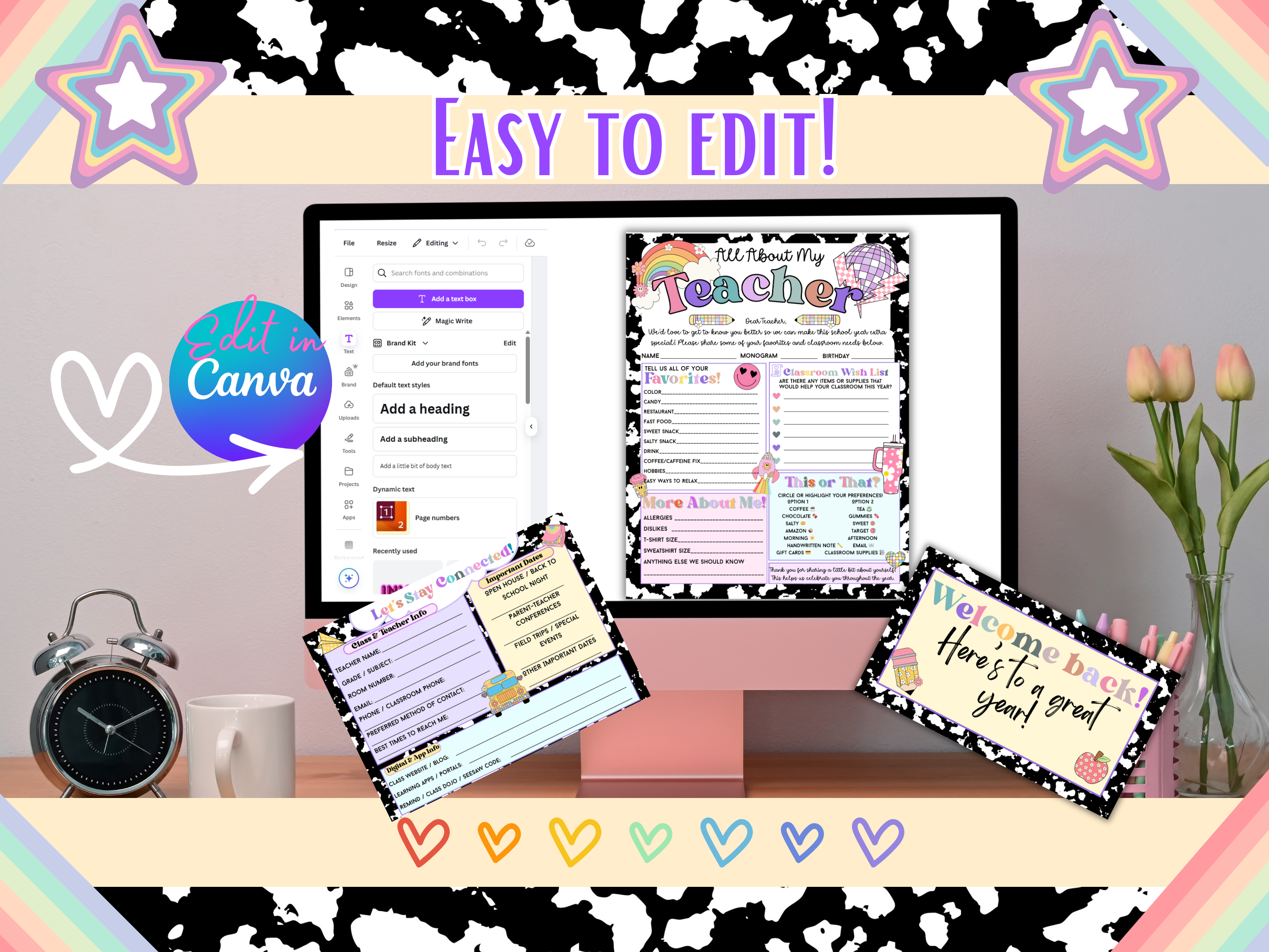 Composition Retro All About Me Teacher Favorites Questionnaire Bundle | Back to School Editable Teacher Survey, Contact Card Gift Tag |Canva Template