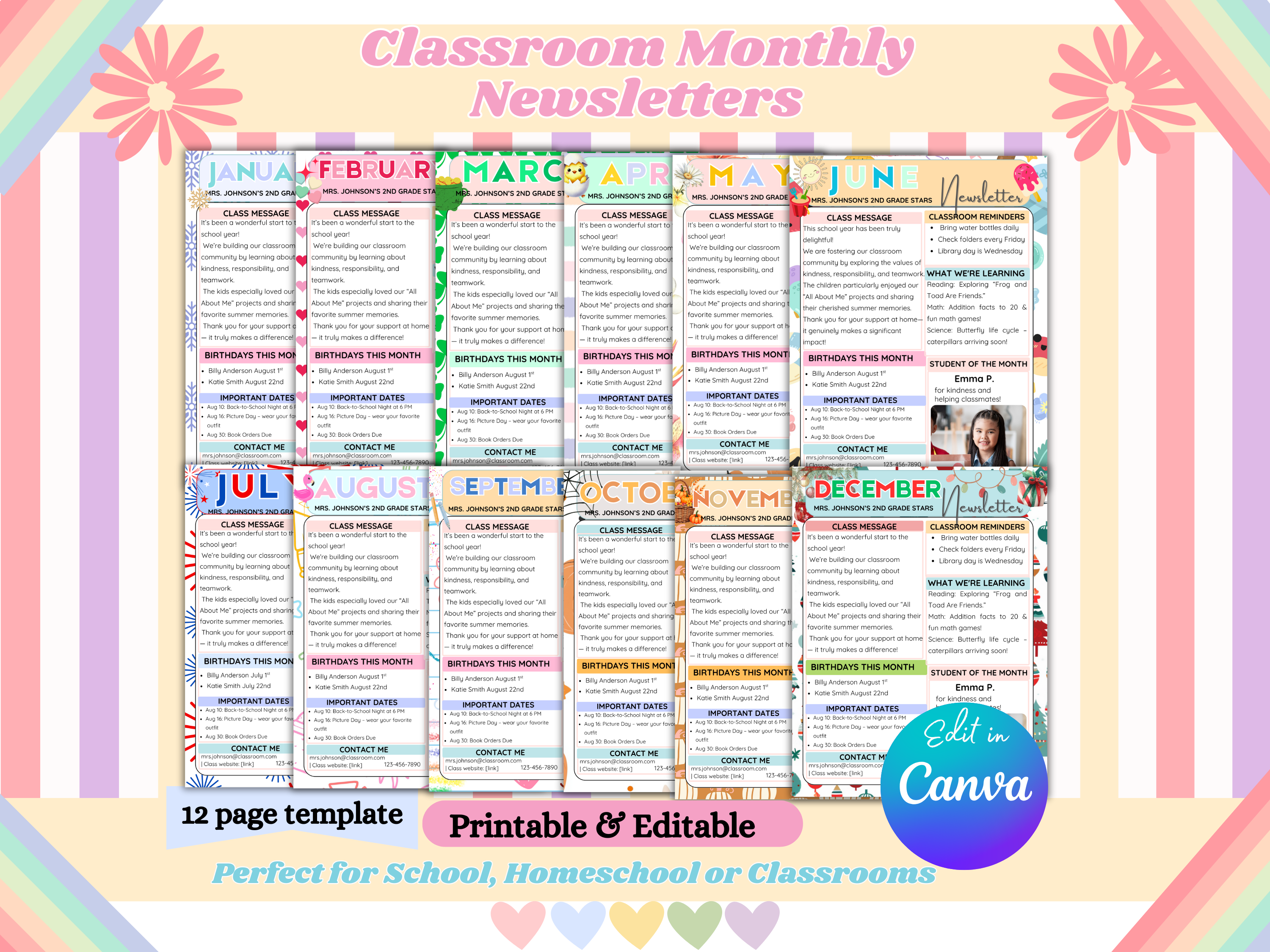 Editable Monthly Classroom Newsletter Template | Fun Preschool Newsletter | 12 Prefilled + 12 Blank Canva Templates | Cute Monthly Themes