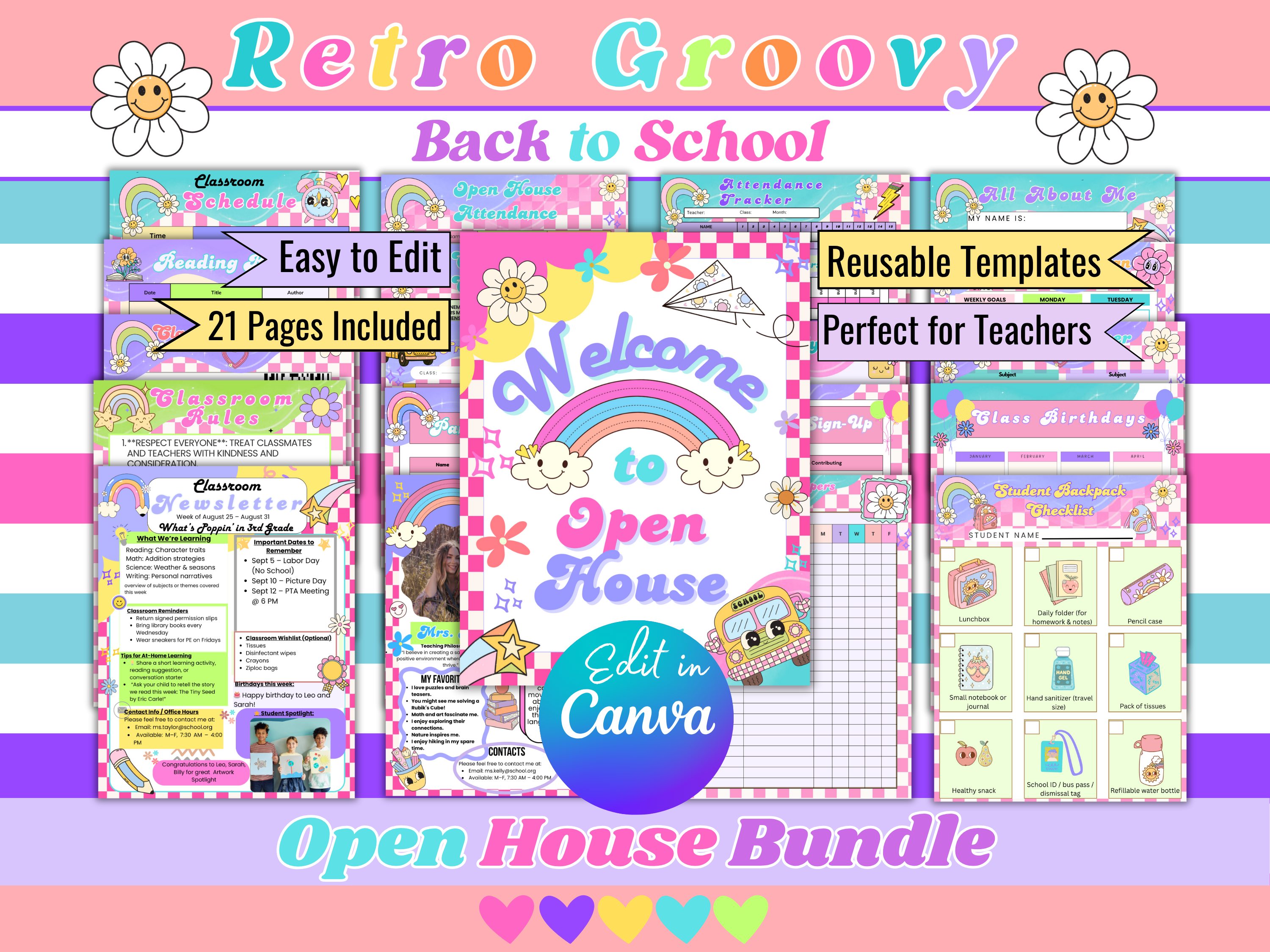 Retro Groovy Back to School Bundle | Editable Teacher Open House Templates | Meet the Teacher, Newsletter, Student Forms | Canva | 21 Pages