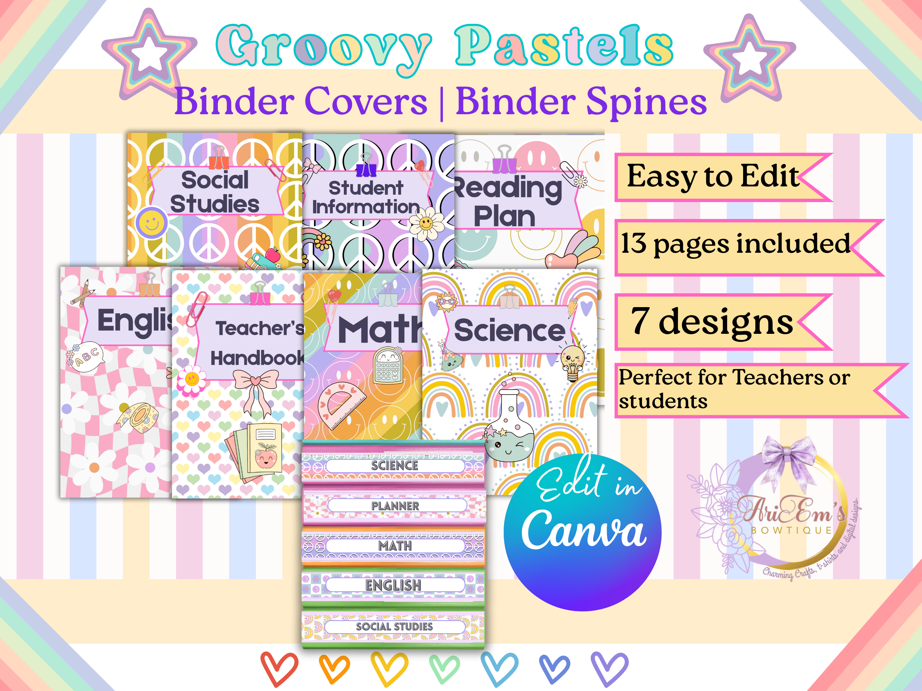 Retro Groovy Pastel Binder Covers & Spines | Editable Teacher Binder Templates | Student Colorful Planner Covers