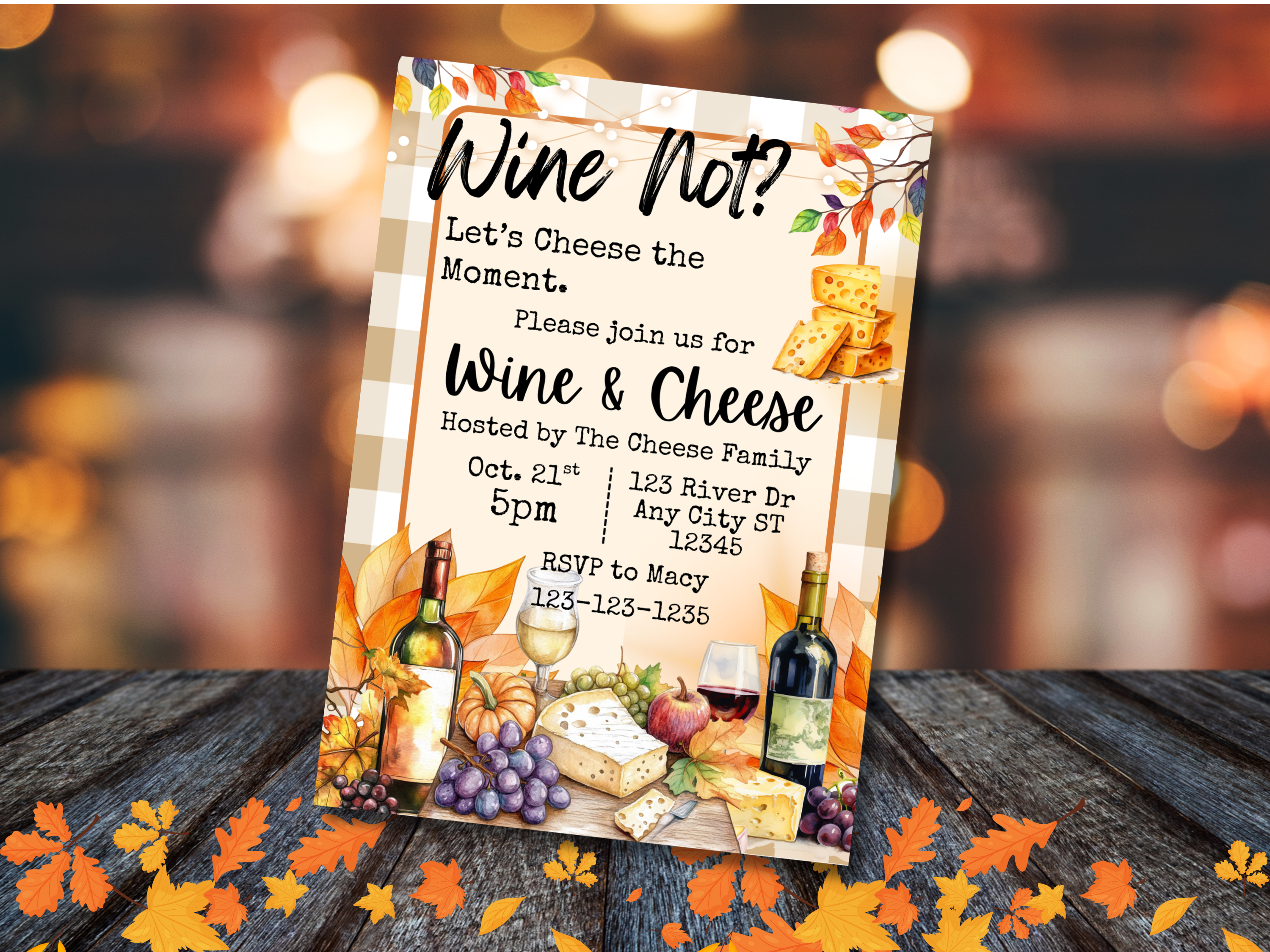 Wine Not Let’s Cheese the Moment Wine & Cheese Party Invitation | Charcuterie Dinner Canva Template | Editable Digital Download 5x7
