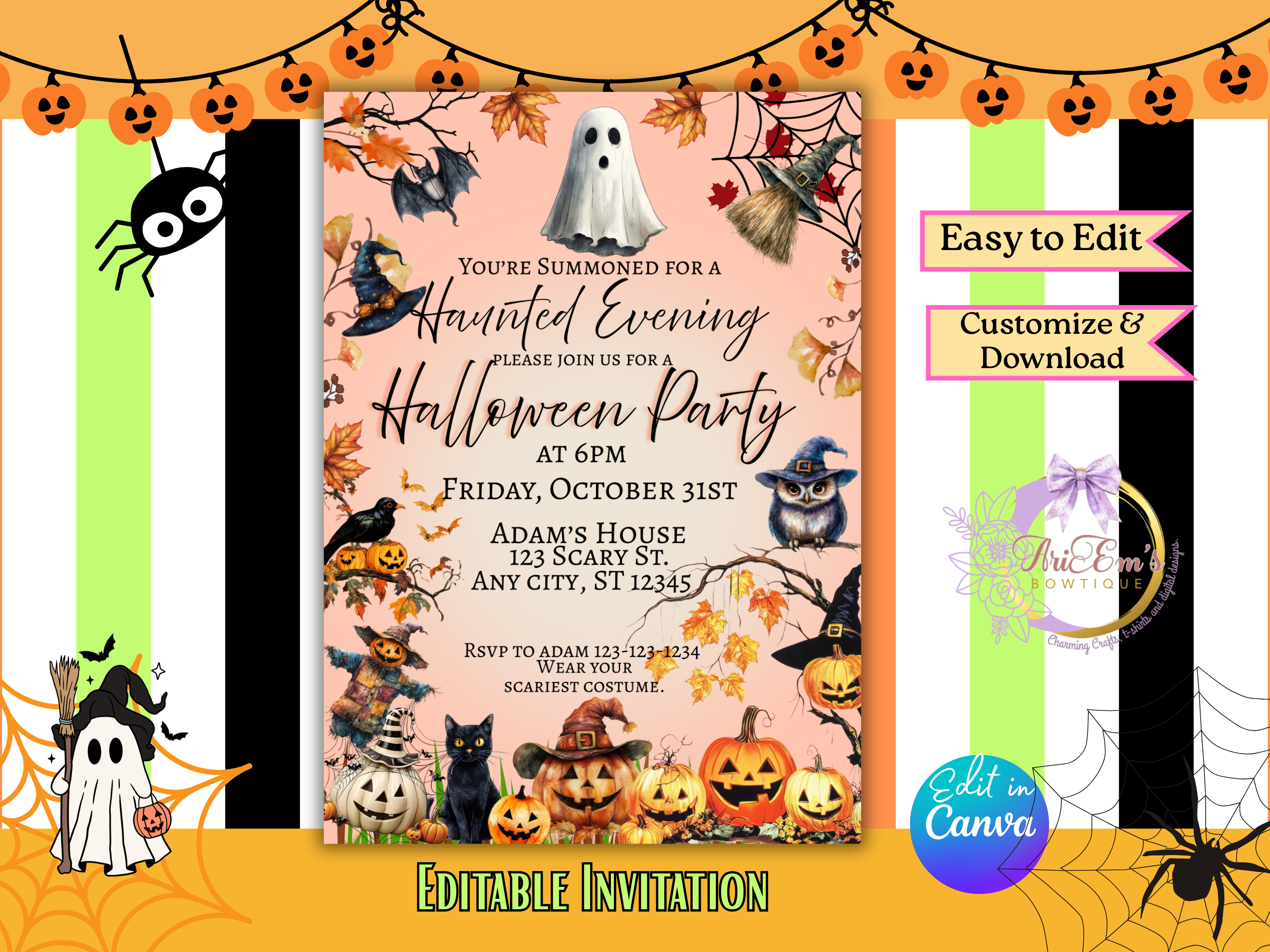 Haunted Evening Fall Halloween Invitation | Spooky Party Invite | Jack-o’-Lantern Canva Editable Digital Download | 5x7 Printable