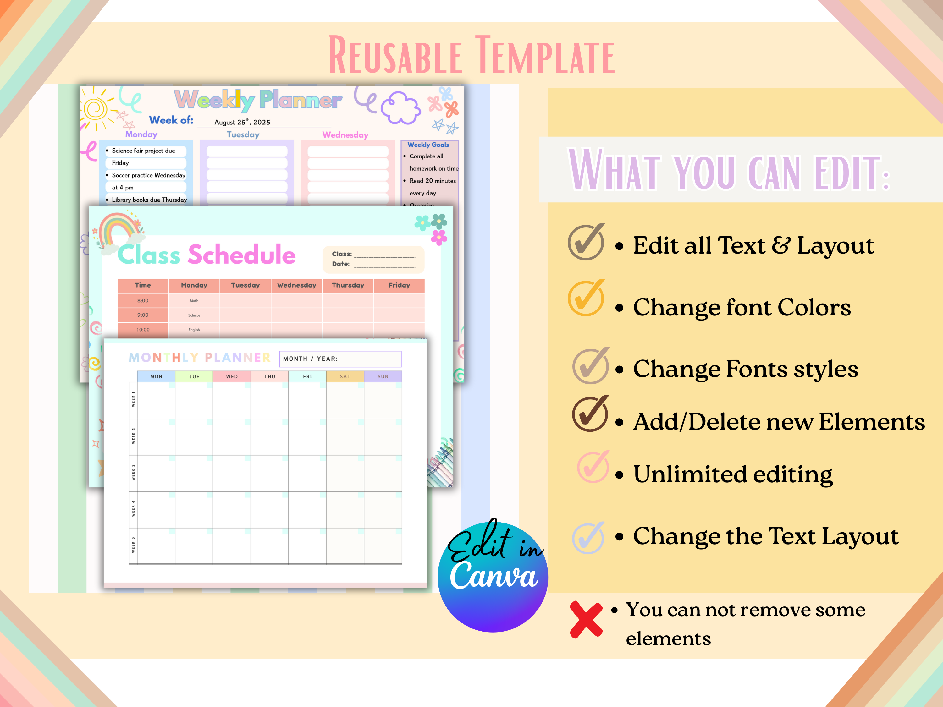 Editable Weekly Planner Bundle PDF Download | Back to School To-Do List Homework Planner Monthly Calendar Class Schedule Printable Template