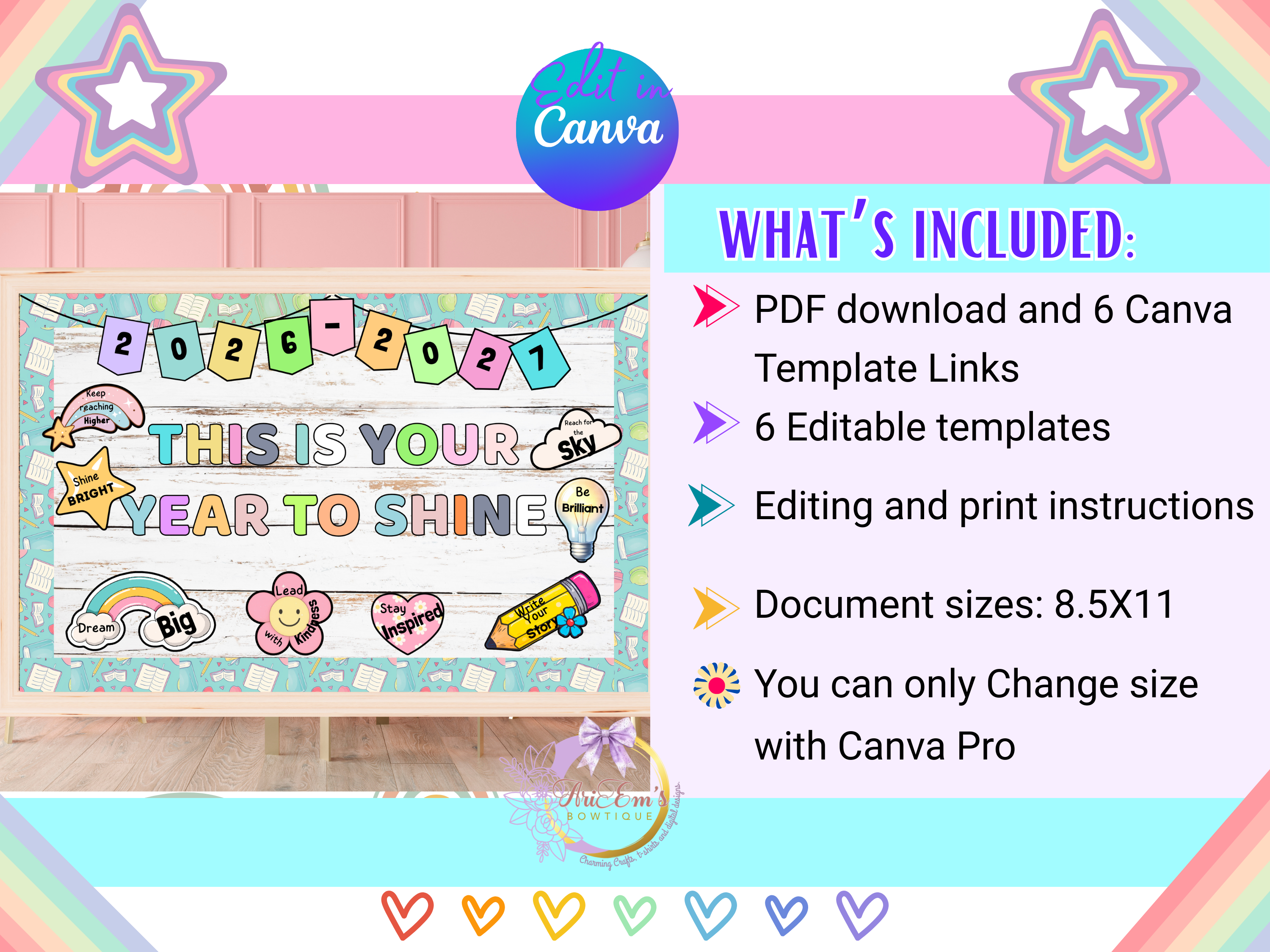 Motivational Bulletin Board Bundle | Editable Canva Letters, Encouraging Words & Borders | Classroom Decor PDF Download