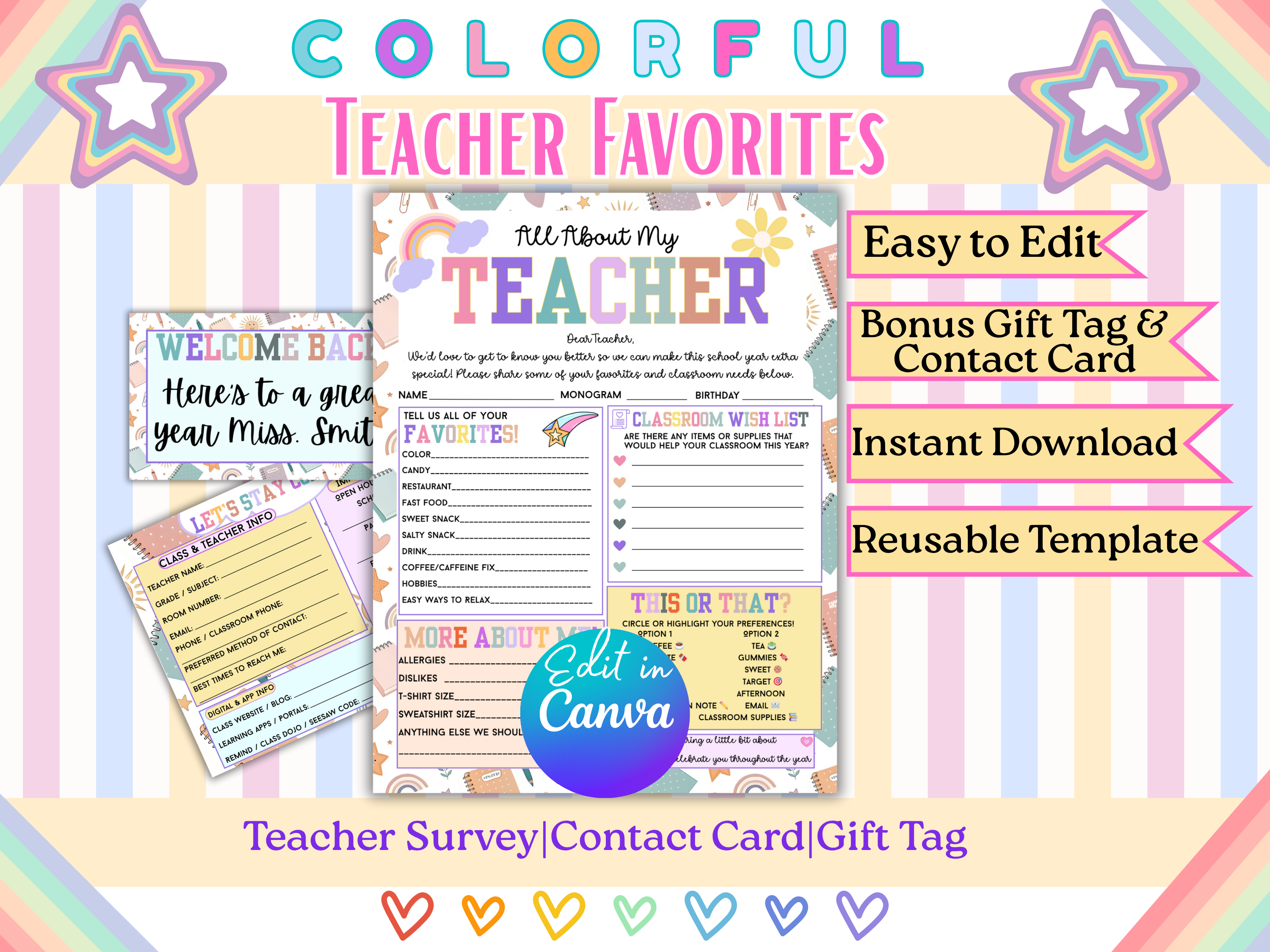 All About Me Teacher Favorites Questionnaire Bundle | Back to School Editable Teacher Survey, Contact Card Gift Tag |Canva Template