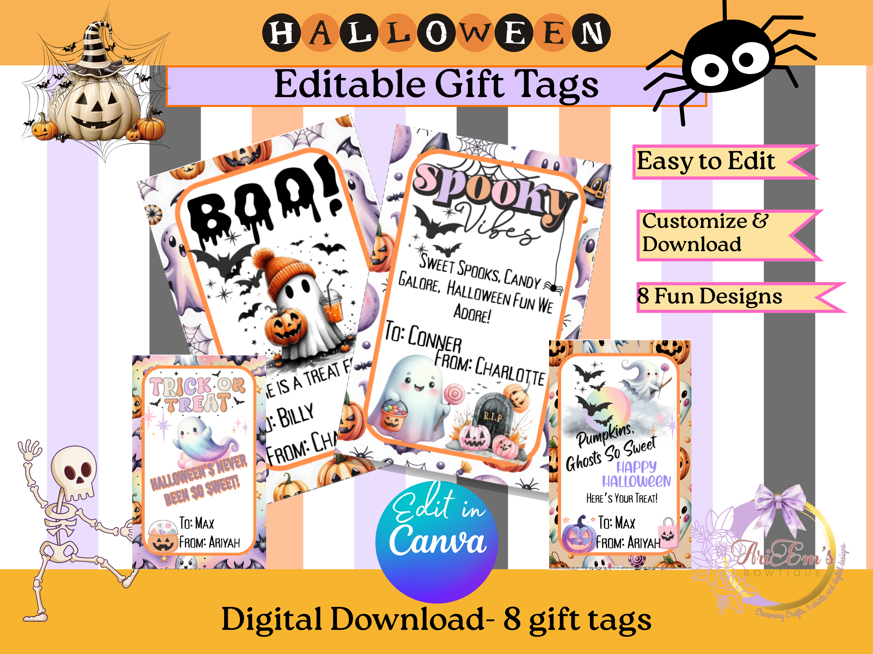 Happy Halloween Cute Candy Gift Tags • 8 Fun Editable Canva Designs • Printable School Treat Labels • Halloween Party Favor Tags 2.7"x4.3"