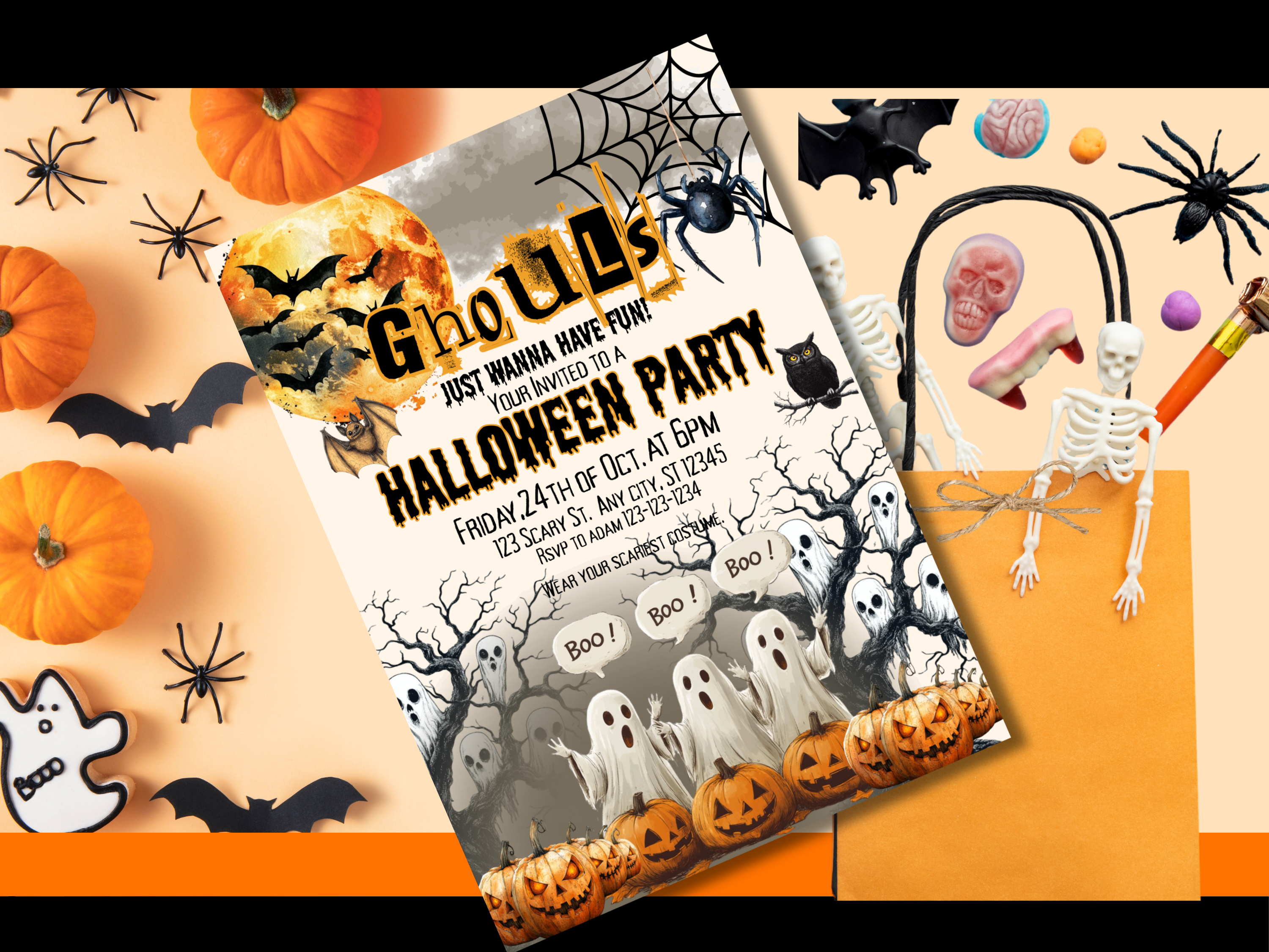 Vintage Ghouls Just Wanna Have Fun Halloween Invitation | Spooky Party Canva Editable Template | 5x7 Printable Digital Download