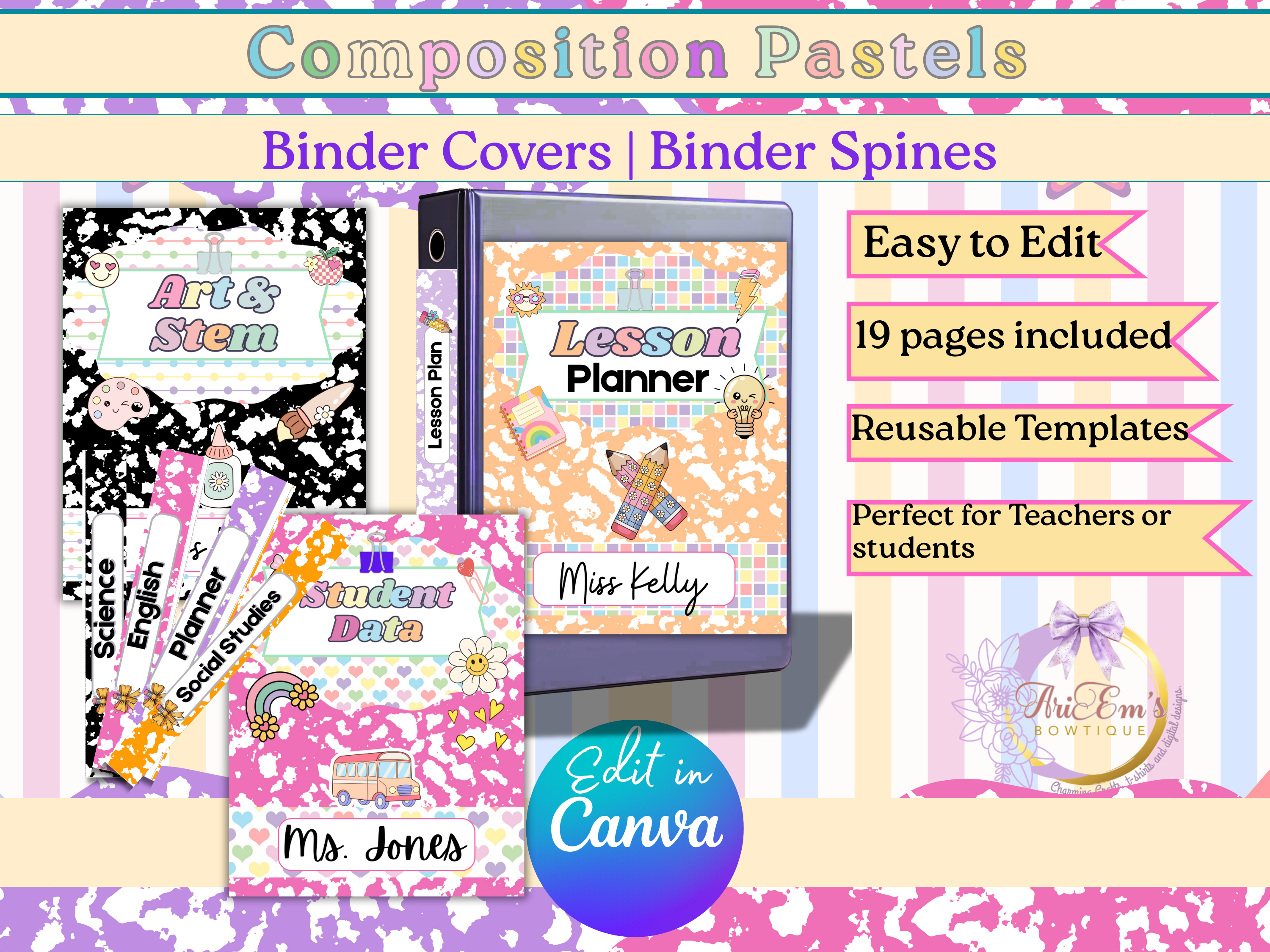 Editable Binder Covers & Spines – Fun Pastel Composition Notebook Theme Template for Teachers and Students