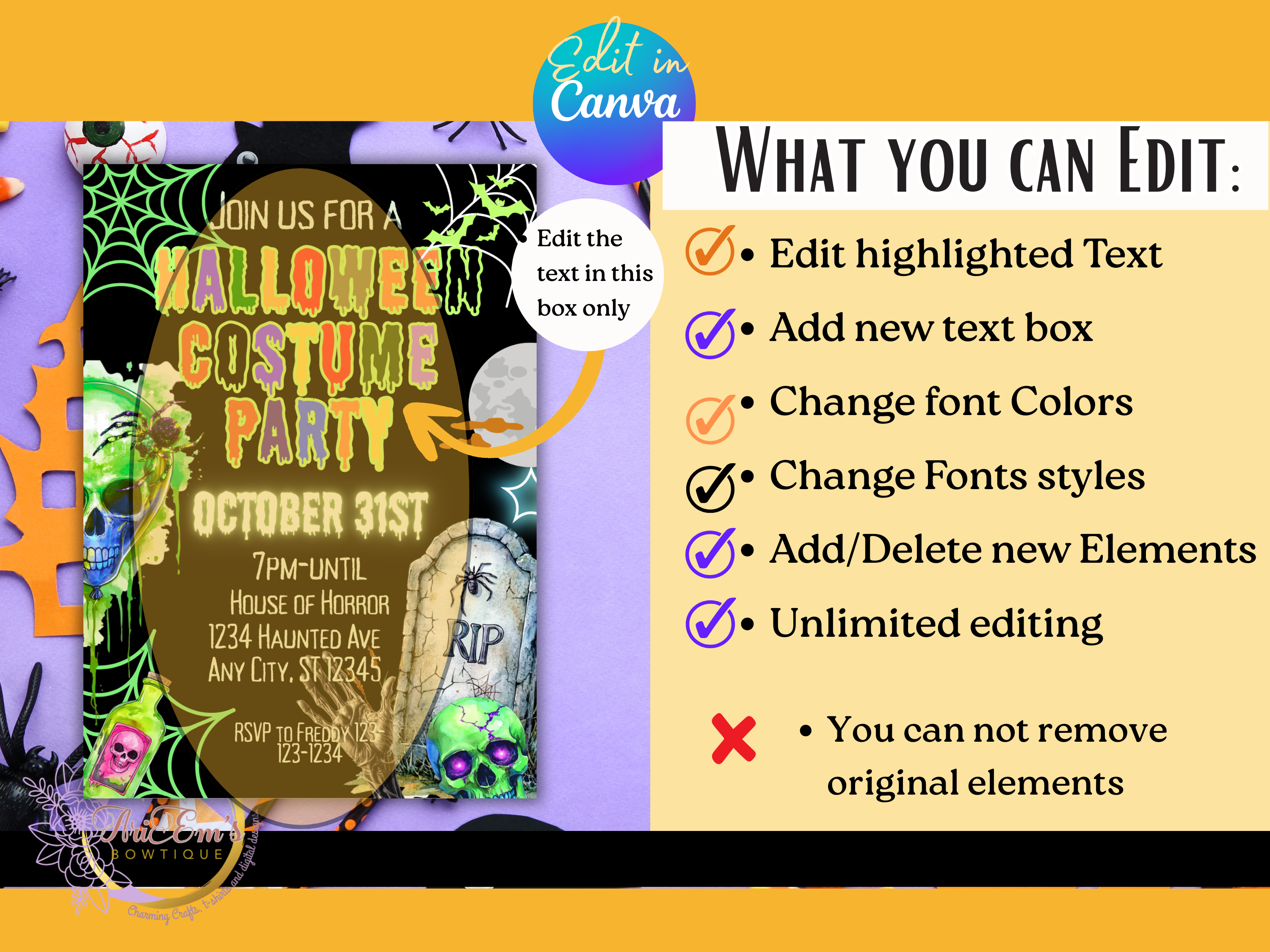 Editable Halloween Ghost Invitation, Girl Spooky Vibes Canva Template, Retro Rainbow Ghost Birthday Party Invite for Kids & Teens- Bonus Gift Tag