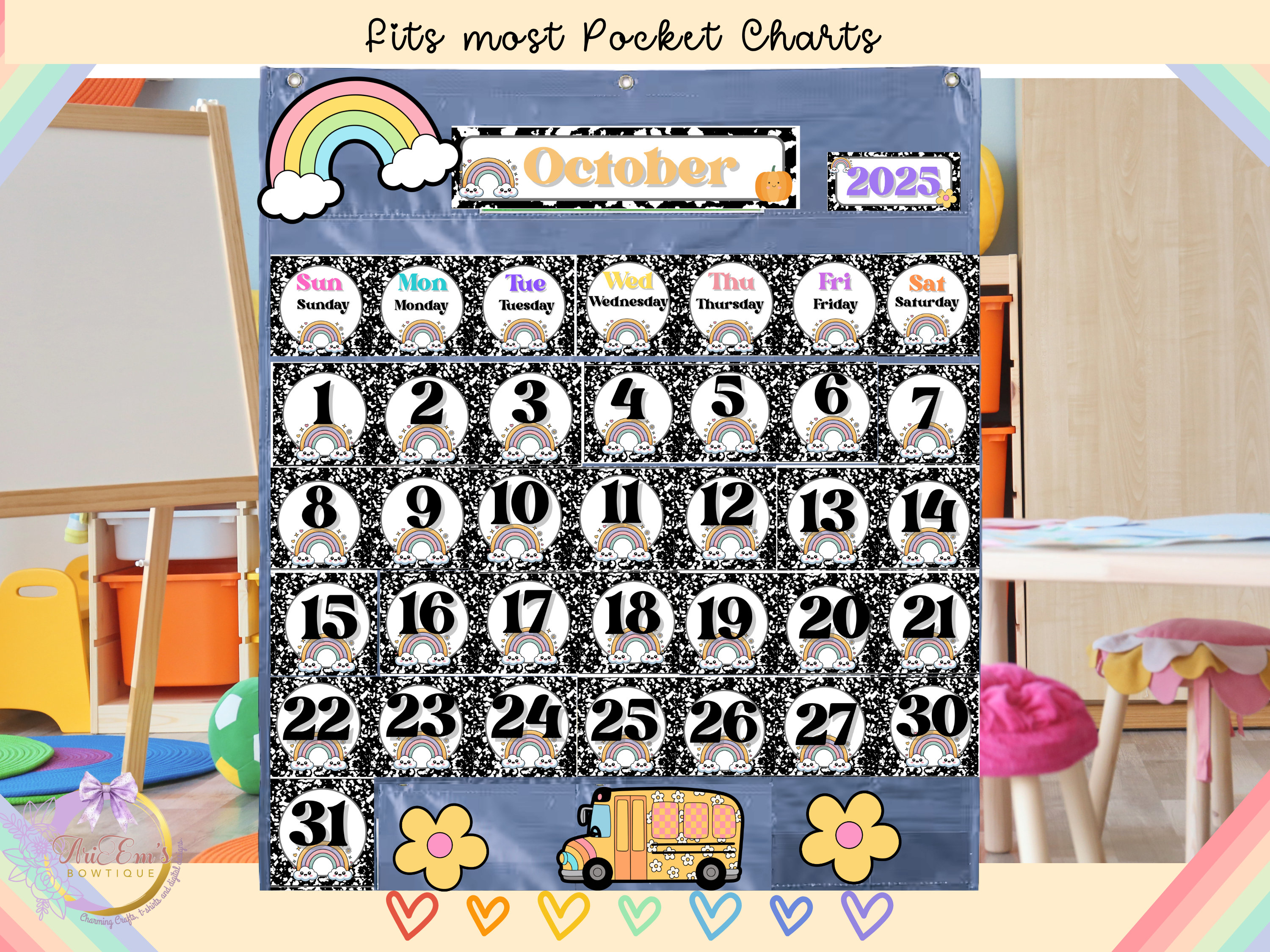 Composition Retro Classroom Calendar | Editable Canva Pocket Chart Display |