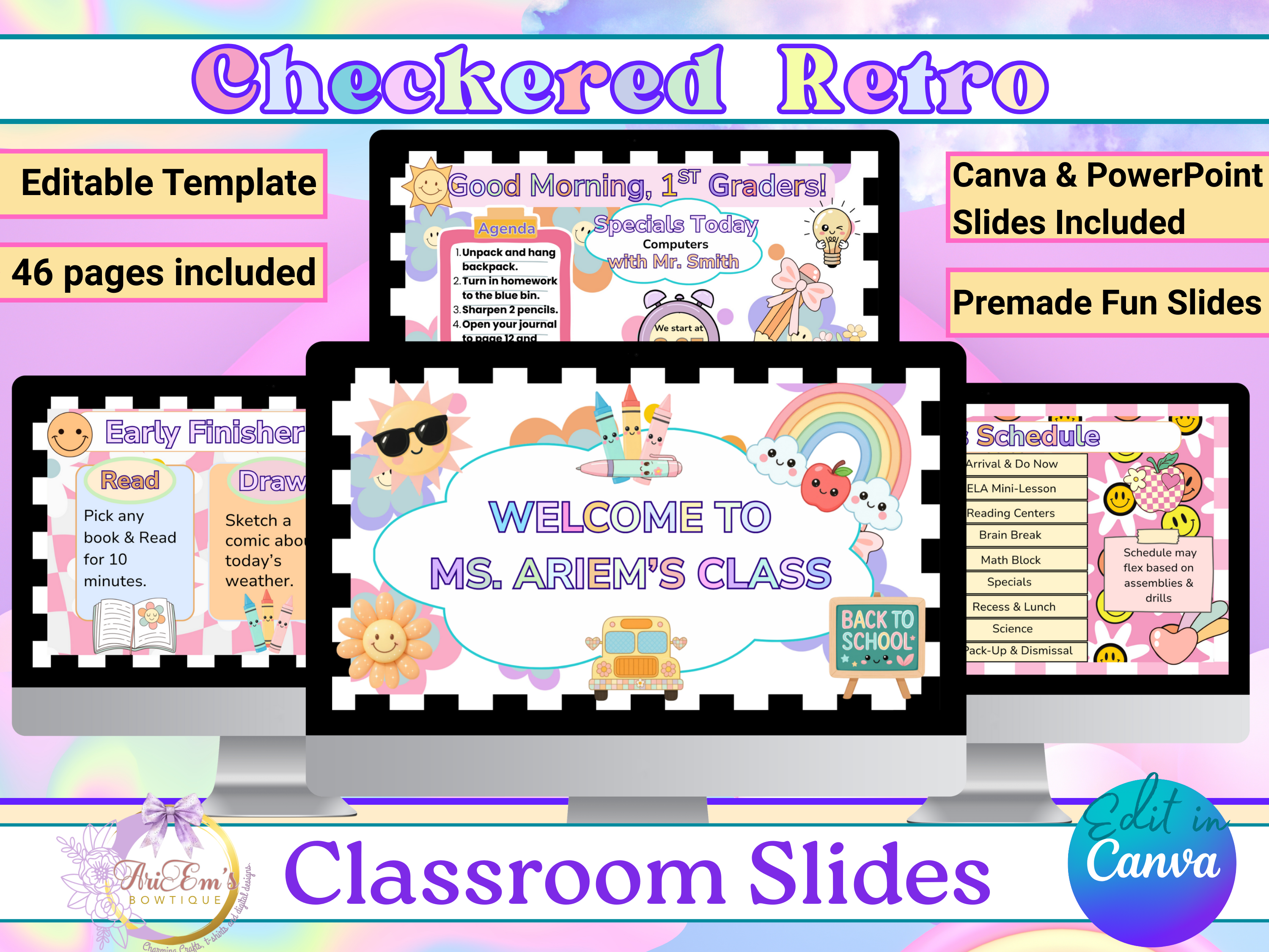 Editable Daily Classroom Slides | Retro Checker Theme PowerPoint Canva Template Google Slides 46 Pages for Teacher Class Routines