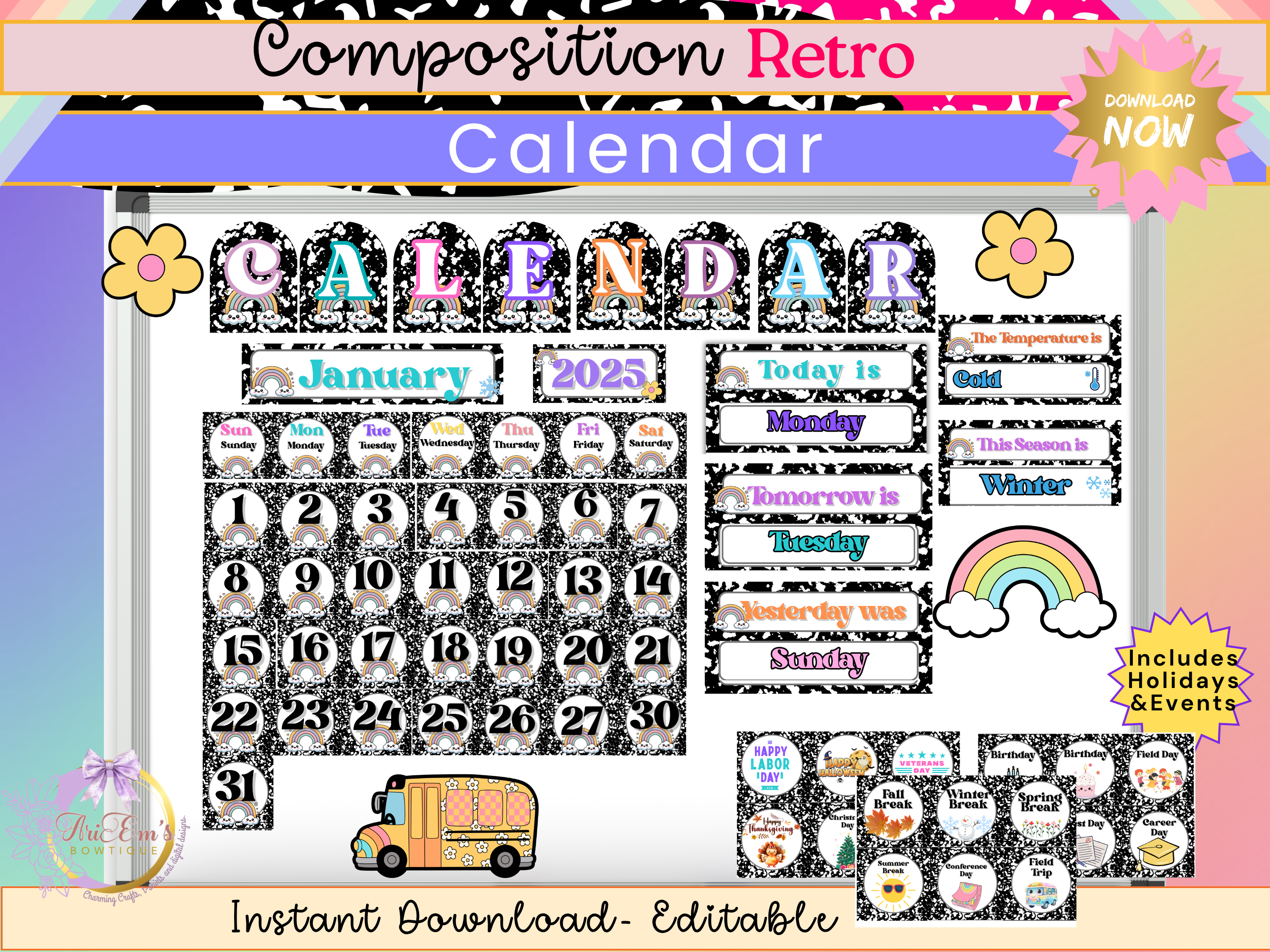Composition Retro Classroom Calendar | Editable Canva Pocket Chart Display |