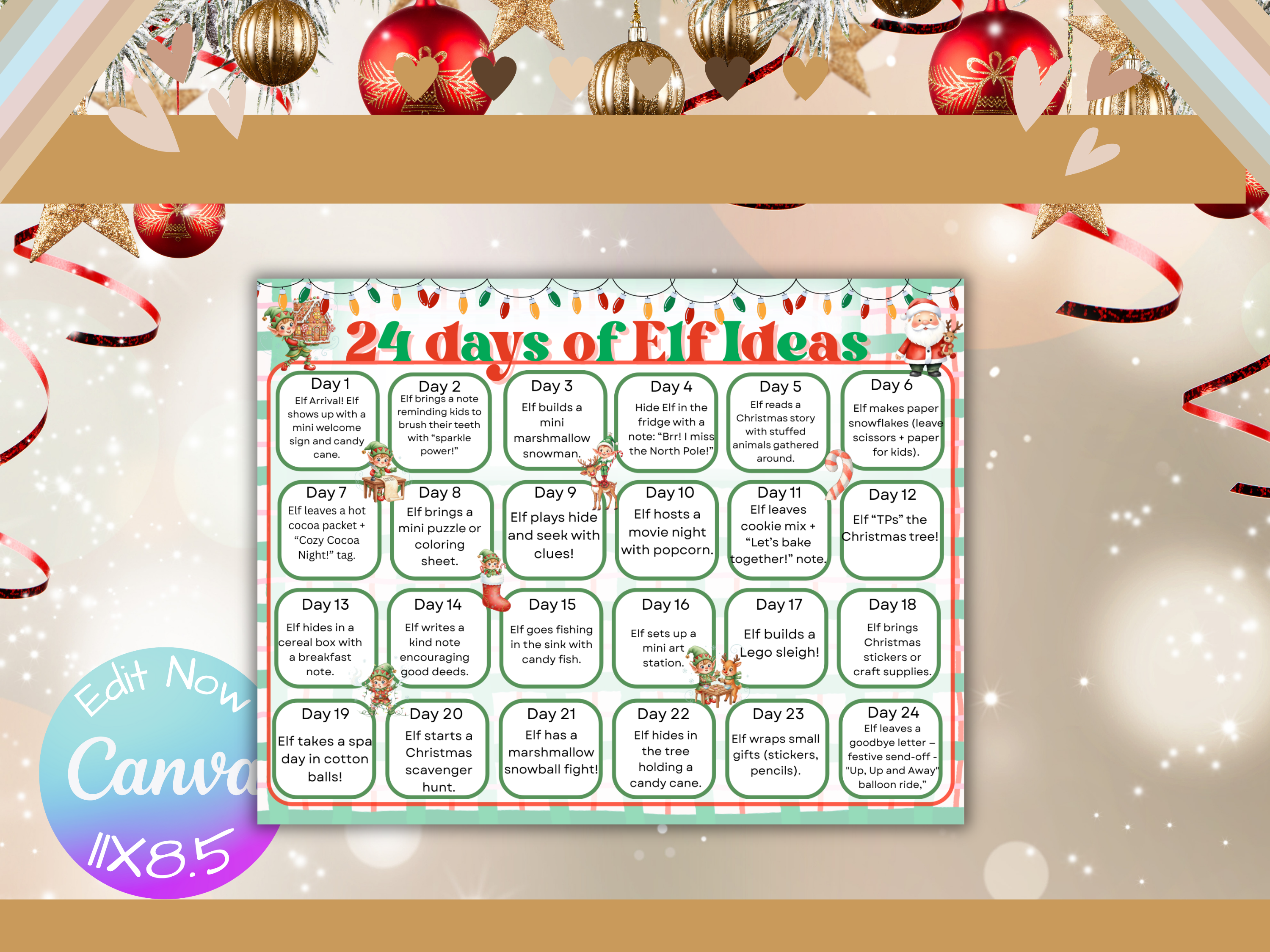 24 Days of Elf Ideas Printable | 2-Page Elf Activity Calendar & Daily Idea List | Editable 2025 Elf on the Shelf Planner | Instant Download
