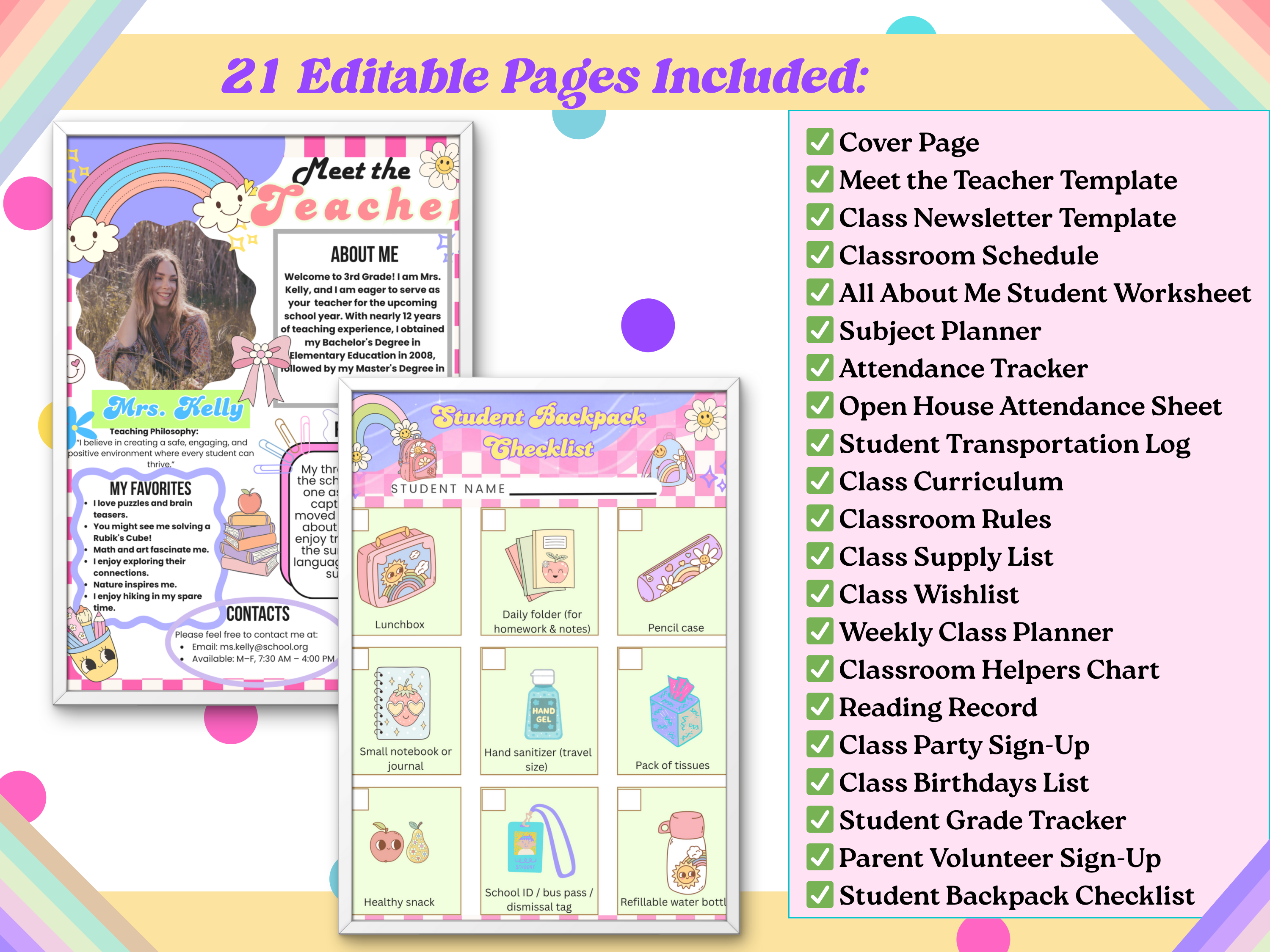 Retro Groovy Back to School Bundle | Editable Teacher Open House Templates | Meet the Teacher, Newsletter, Student Forms | Canva | 21 Pages