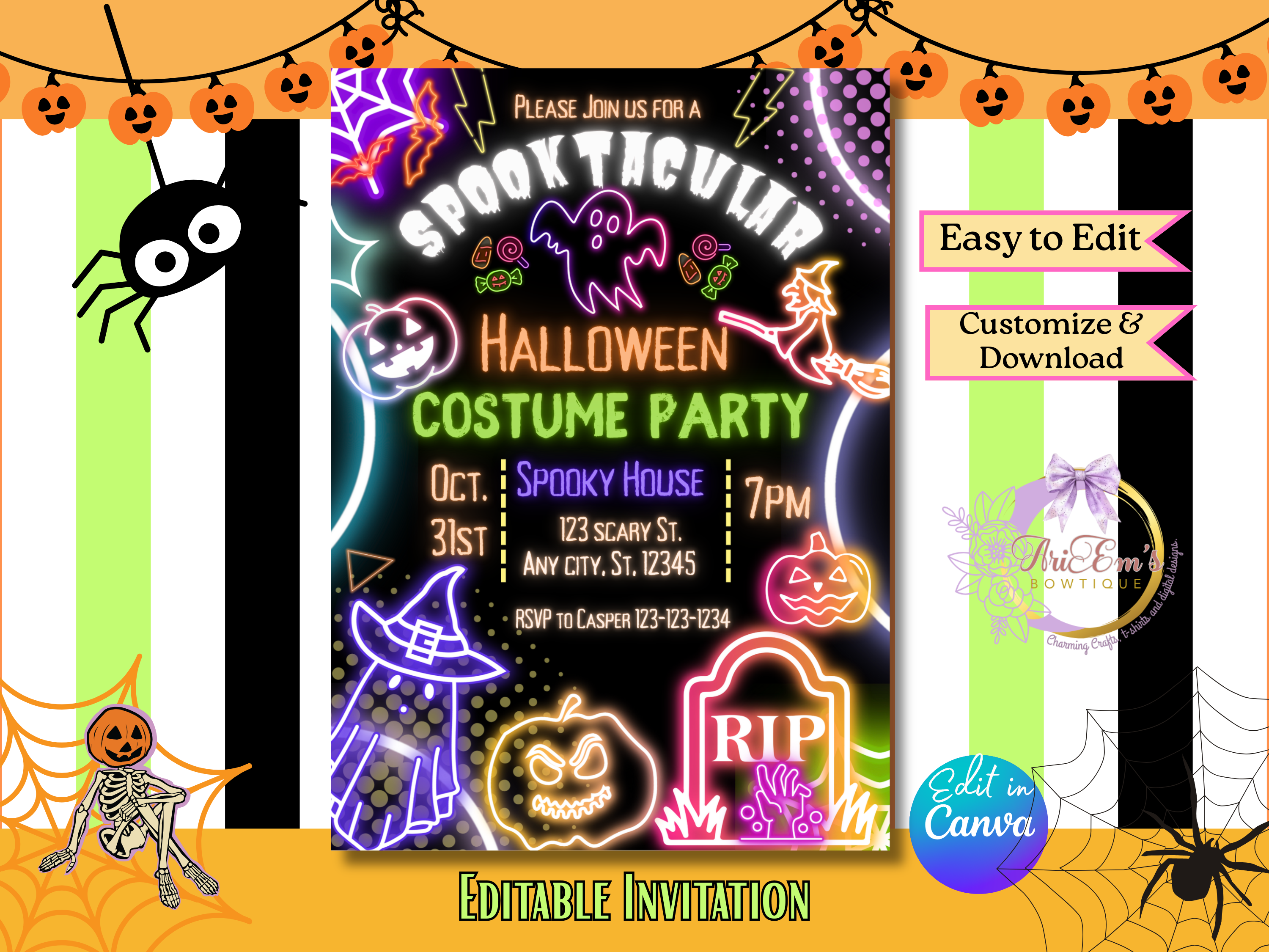 Neon Halloween Party Invitation | Spooky Bright Fun Canva Template | Editable Digital Download for Kids & Adult Halloween Bash