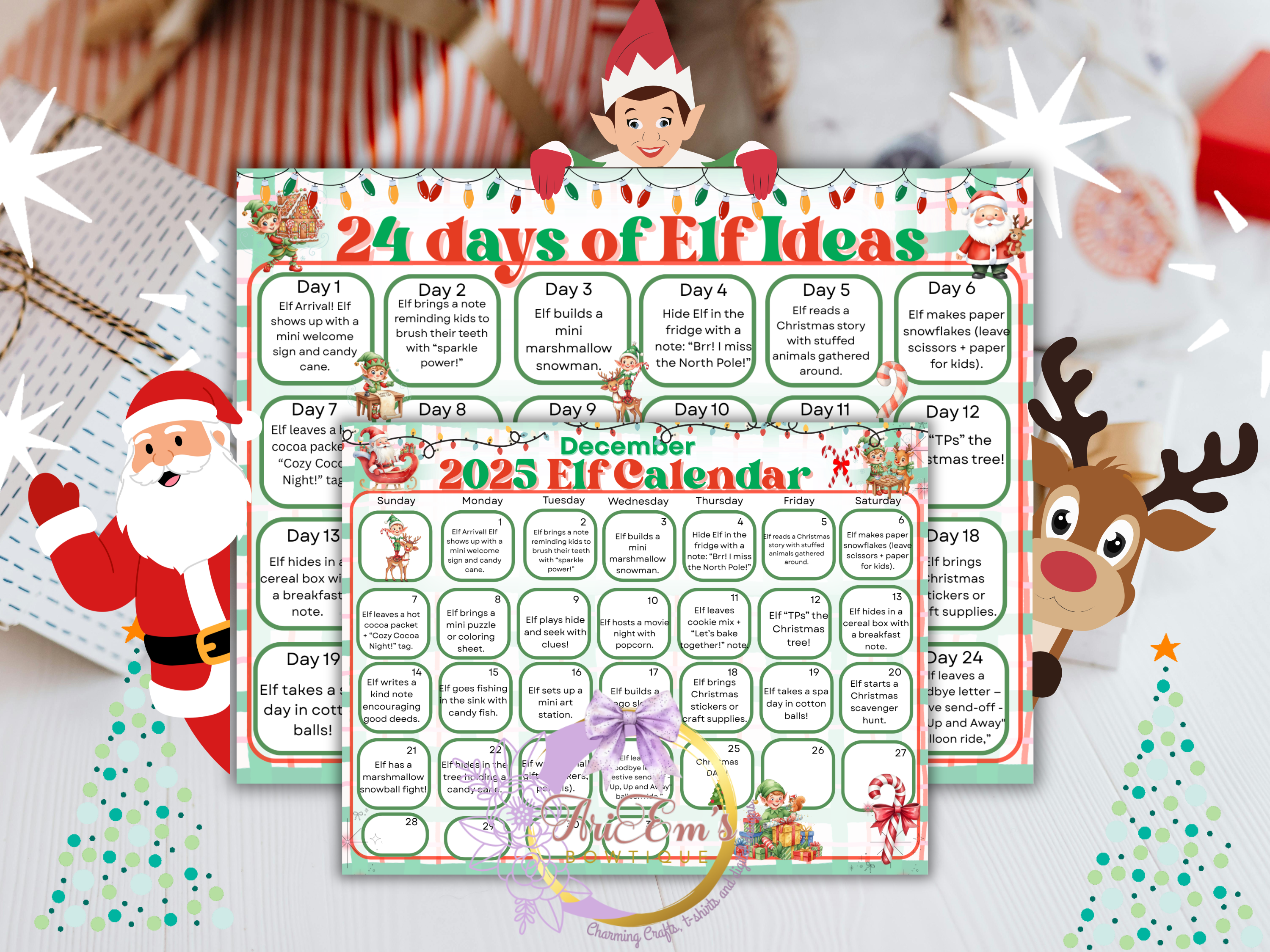 24 Days of Elf Ideas Printable | 2-Page Elf Activity Calendar & Daily Idea List | Editable 2025 Elf on the Shelf Planner | Instant Download