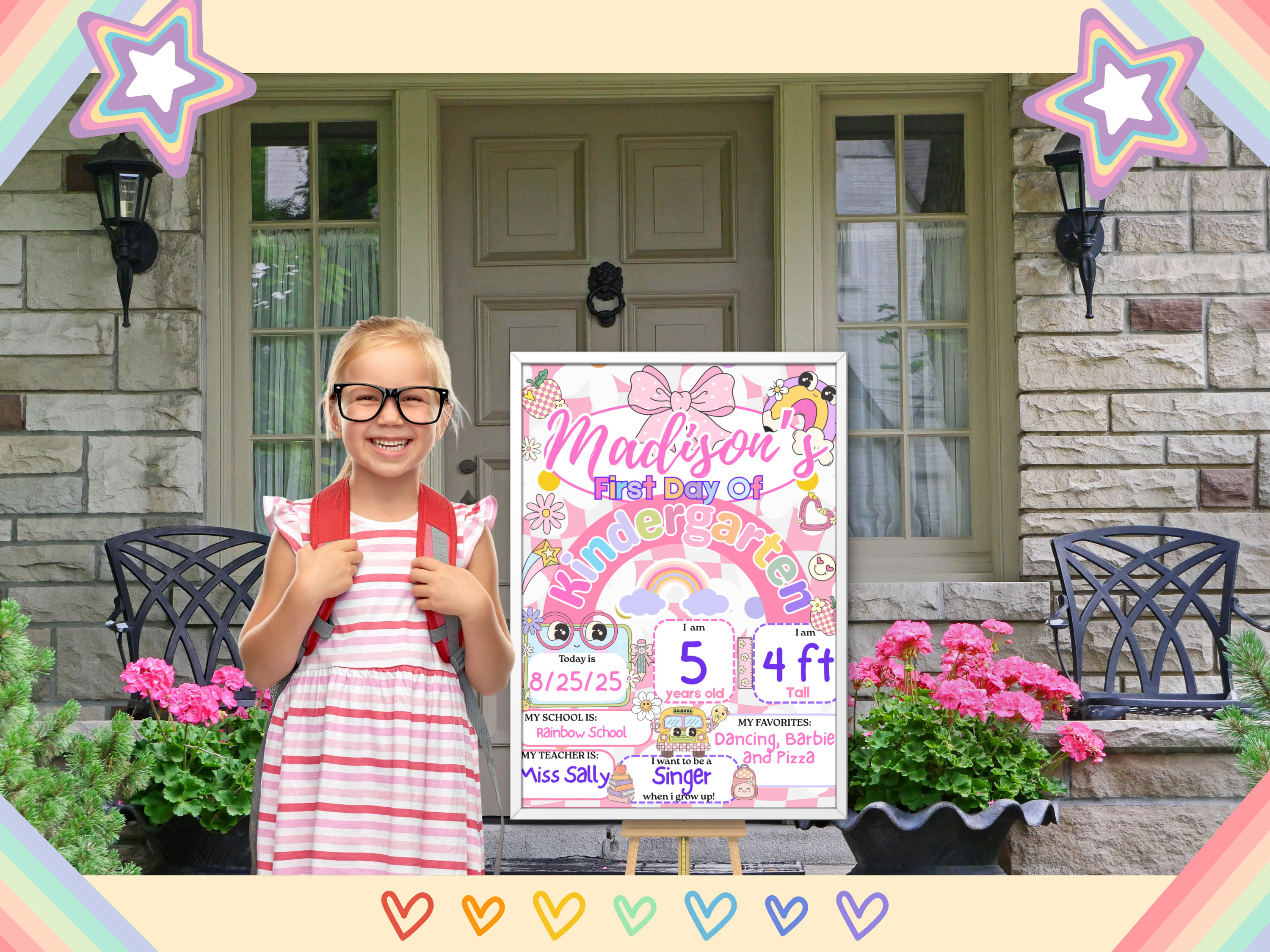 First Day of School Sign Pink Retro Editable Canva Template | Back to School Poster Girl Boho 8.5x11, 11x14, 16x20 | Printable Classroom Decor