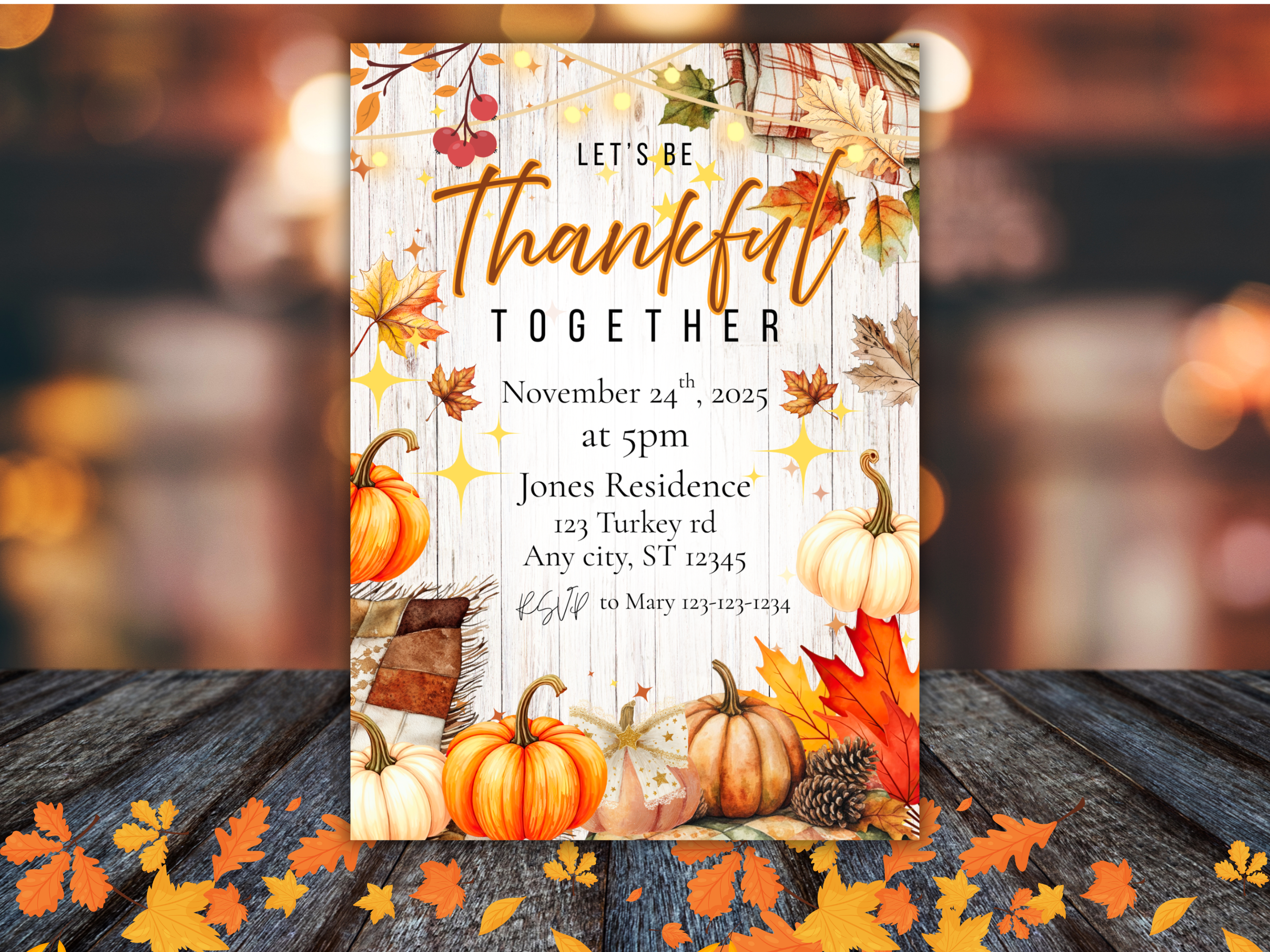 Let's Be Thankful Thanksgiving Invitation Canva Template | Fall Dinner Party Invite