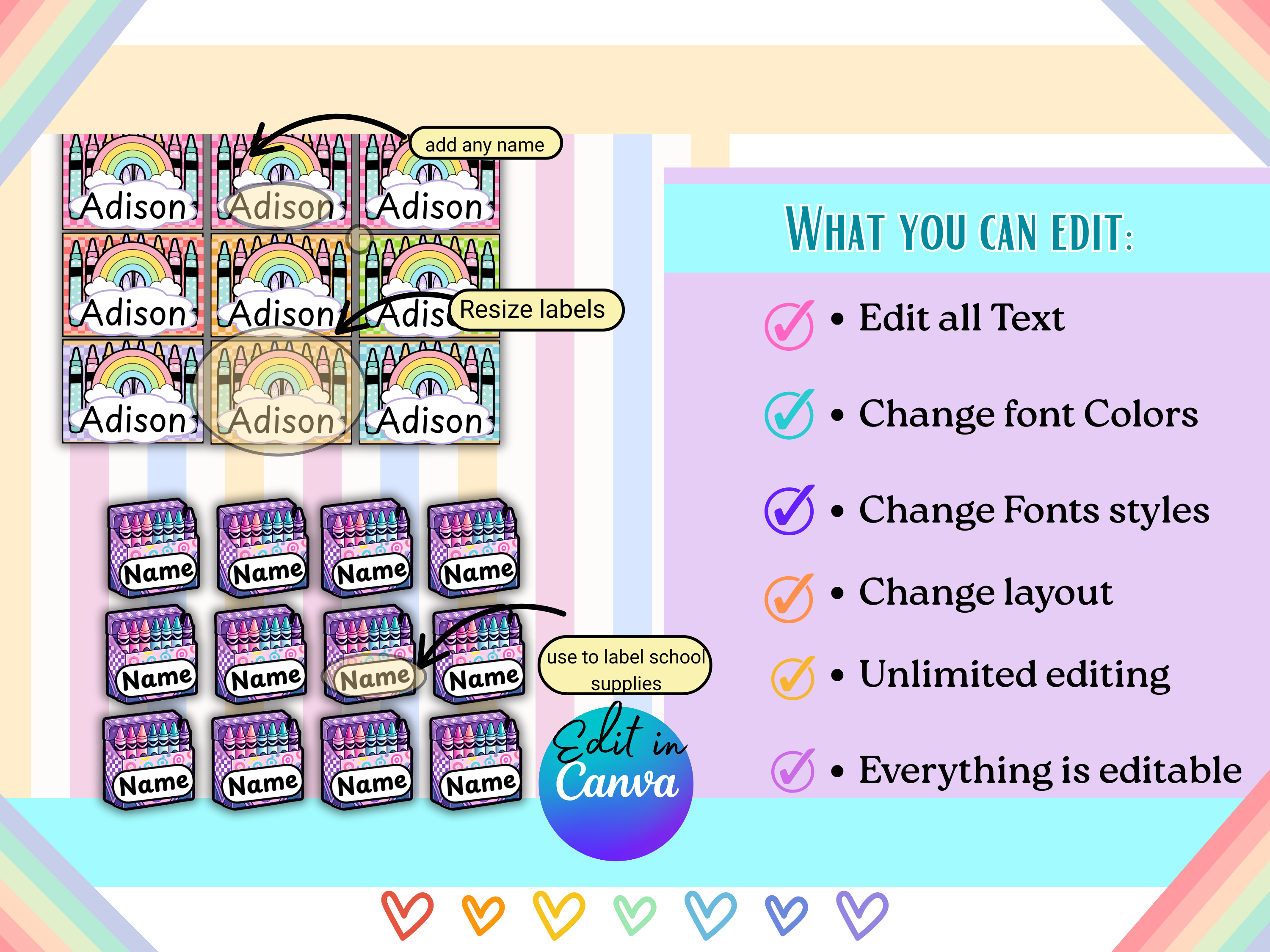 Editable School Label Templates for Kids & Teachers | Crayon Pencil Highlighter Name Tags