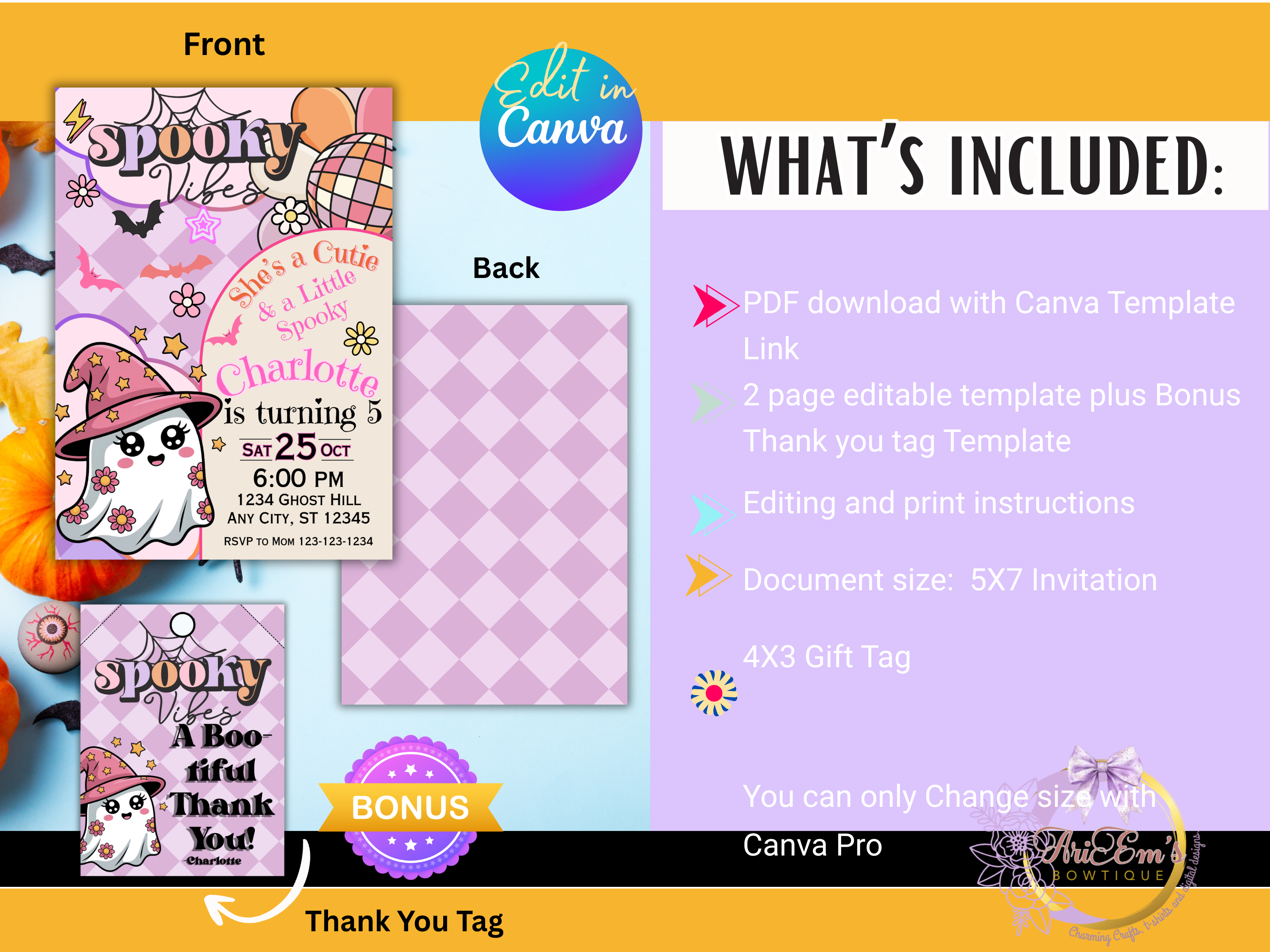 Editable Halloween Ghost Invitation, Girl Spooky Vibes Canva Template, Retro Rainbow Ghost Birthday Party Invite for Kids & Teens- Bonus Gift Tag