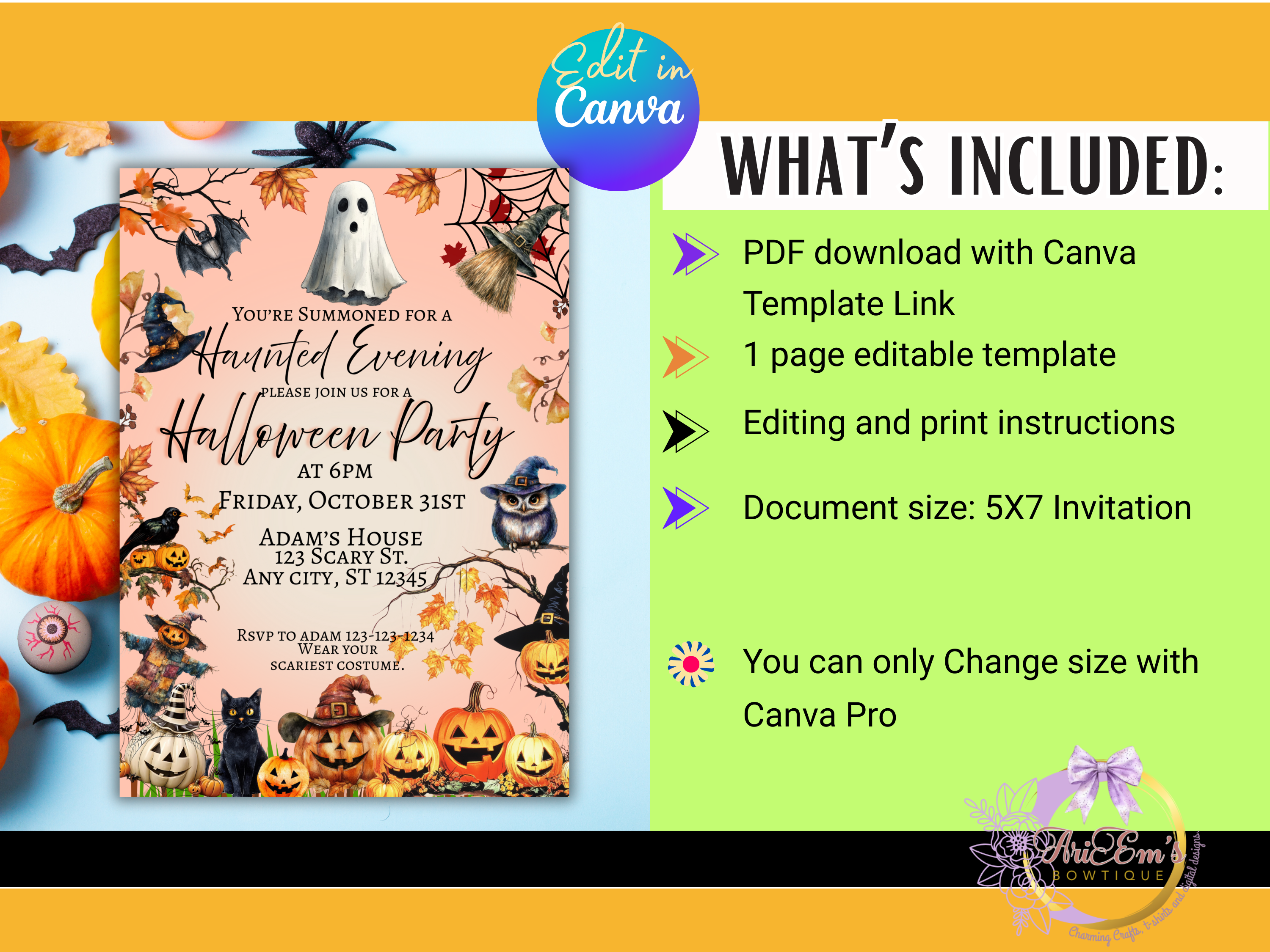 Haunted Evening Fall Halloween Invitation | Spooky Party Invite | Jack-o’-Lantern Canva Editable Digital Download | 5x7 Printable
