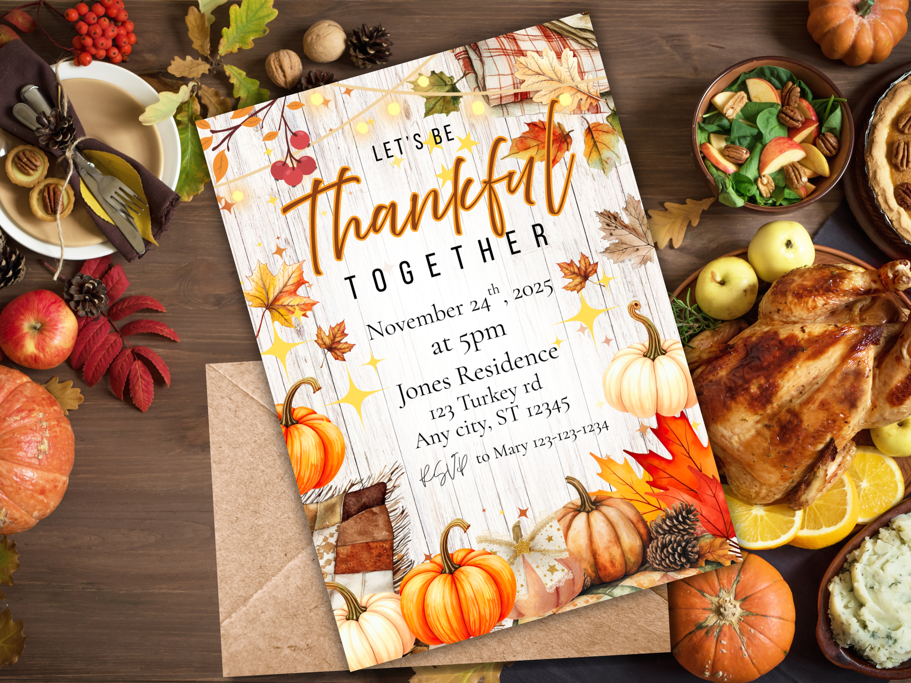 Let's Be Thankful Thanksgiving Invitation Canva Template | Fall Dinner Party Invite
