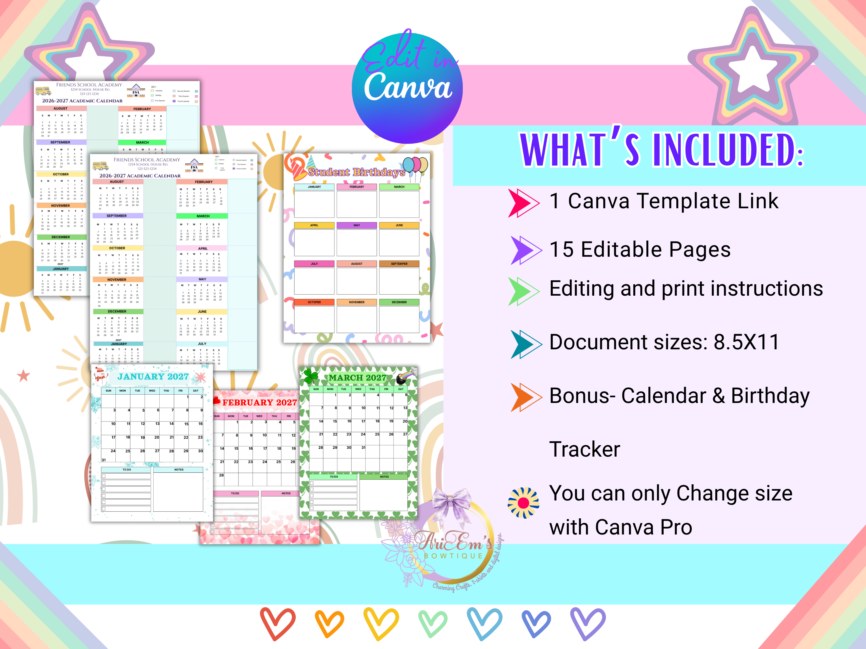 Academic Year Calendar 2026-2027 | School Year at a Glance Planner | Teacher Student Monthly Calendar | Birthday Tracker Canva Template