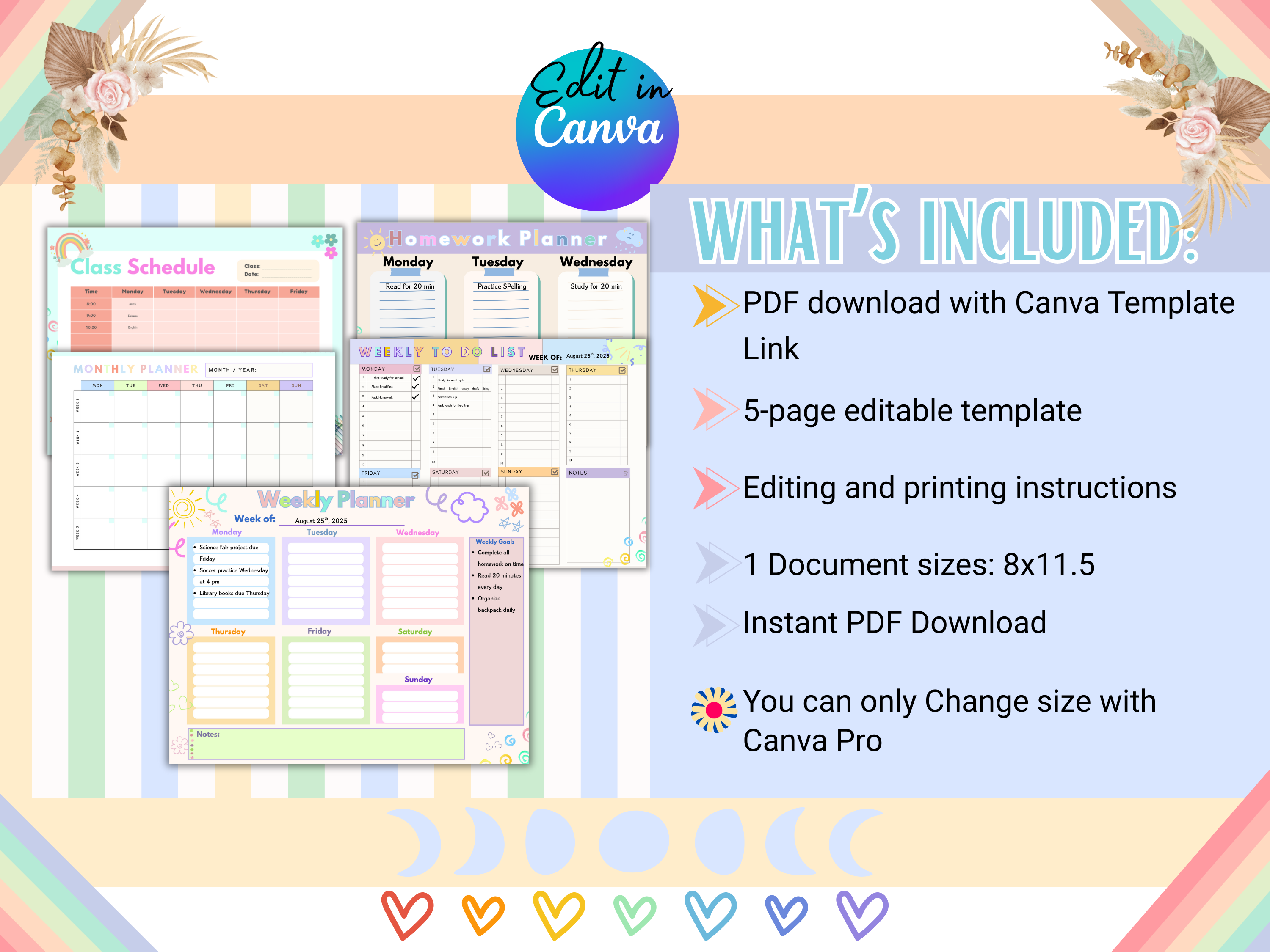 Editable Weekly Planner Bundle PDF Download | Back to School To-Do List Homework Planner Monthly Calendar Class Schedule Printable Template
