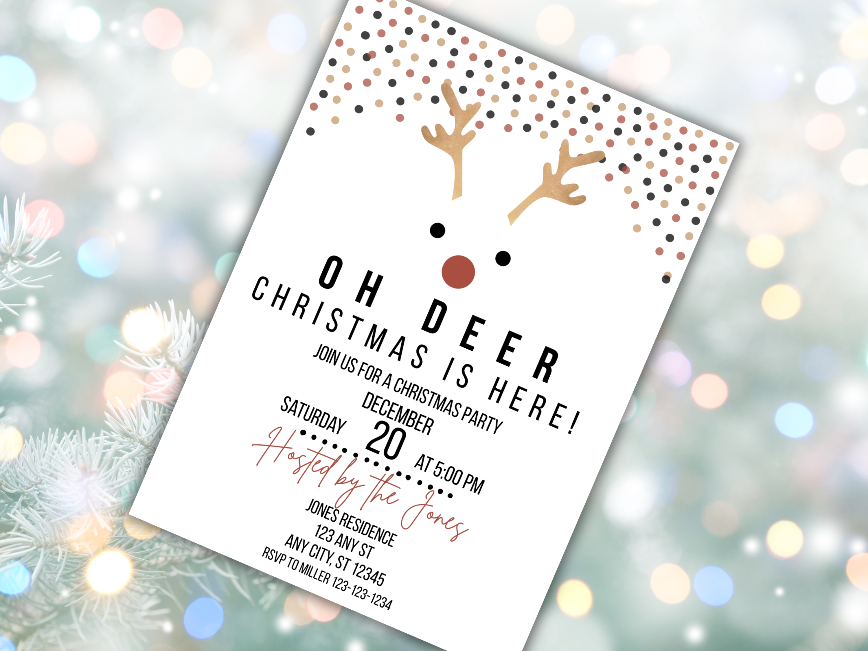 Oh Deer Christmas Party Invitation | Minimalist Holiday Reindeer Invite Canva Template Download