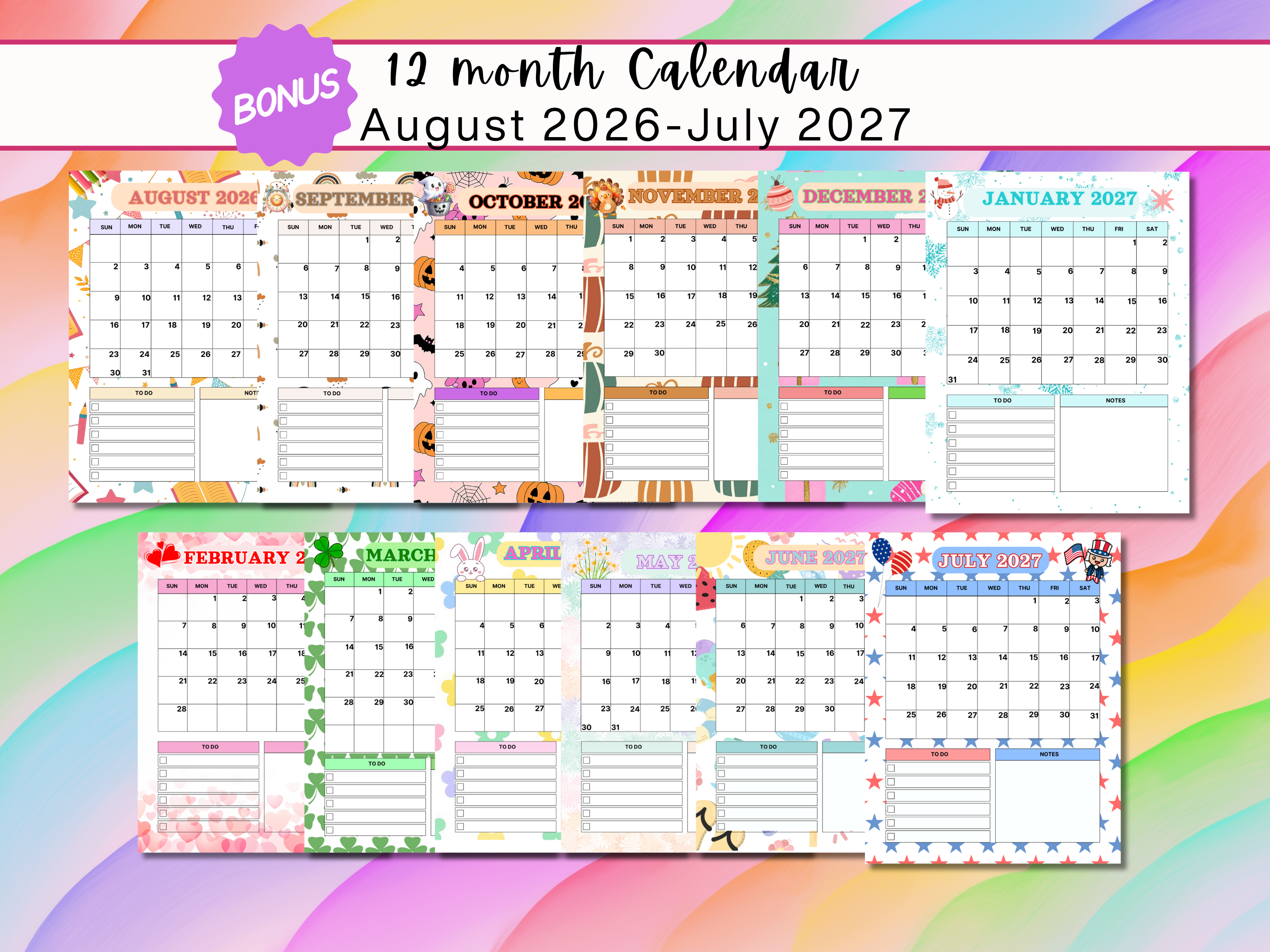 Academic Year Calendar 2026-2027 | School Year at a Glance Planner | Teacher Student Monthly Calendar | Birthday Tracker Canva Template