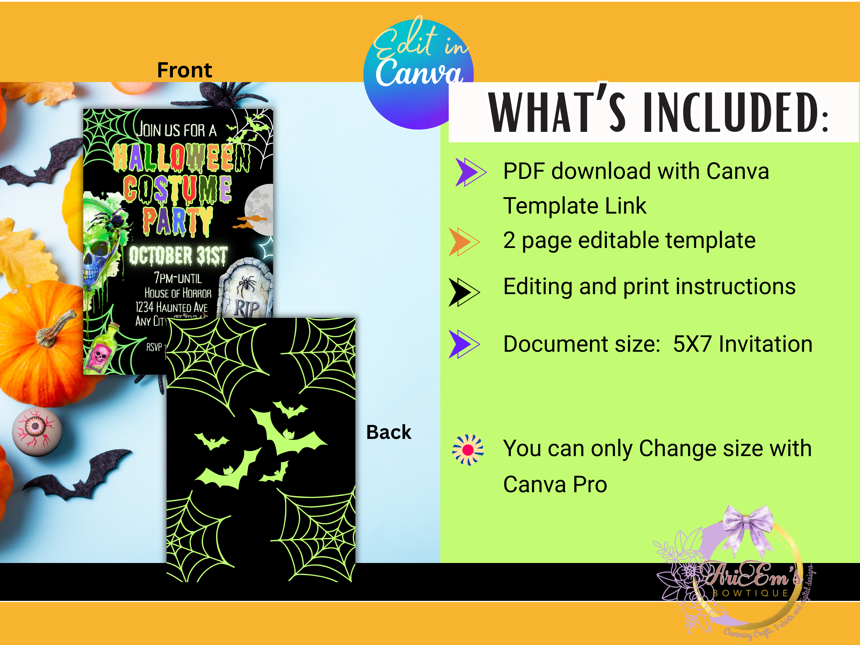 Editable Halloween Ghost Invitation, Girl Spooky Vibes Canva Template, Retro Rainbow Ghost Birthday Party Invite for Kids & Teens- Bonus Gift Tag