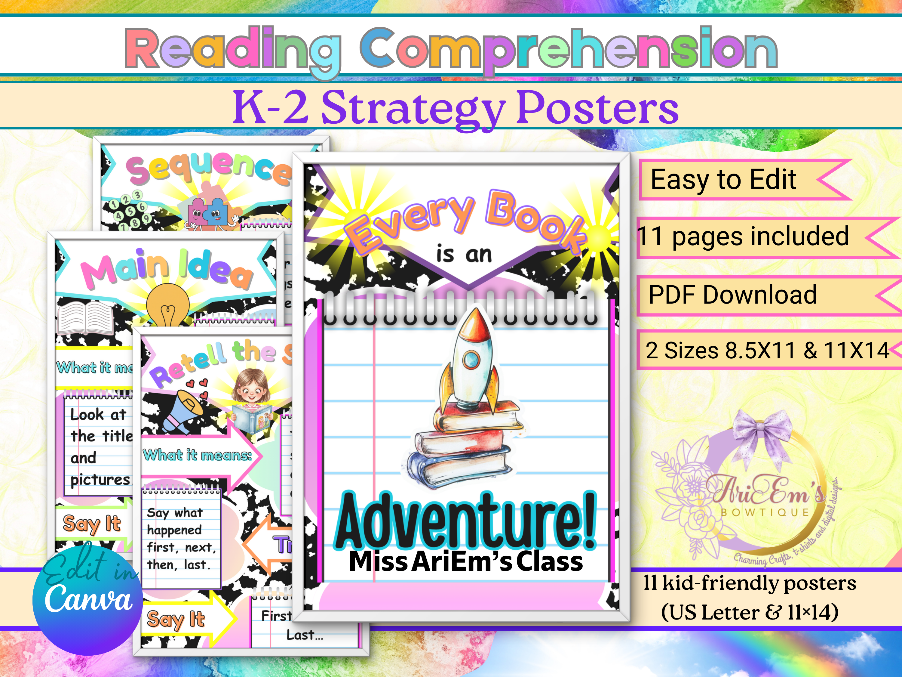 K2 Reading Comprehension Posters for Kids Teachers | Classroom Literacy Decor | 16 Skills Anchor Charts for Bulletin Boards Homeschool