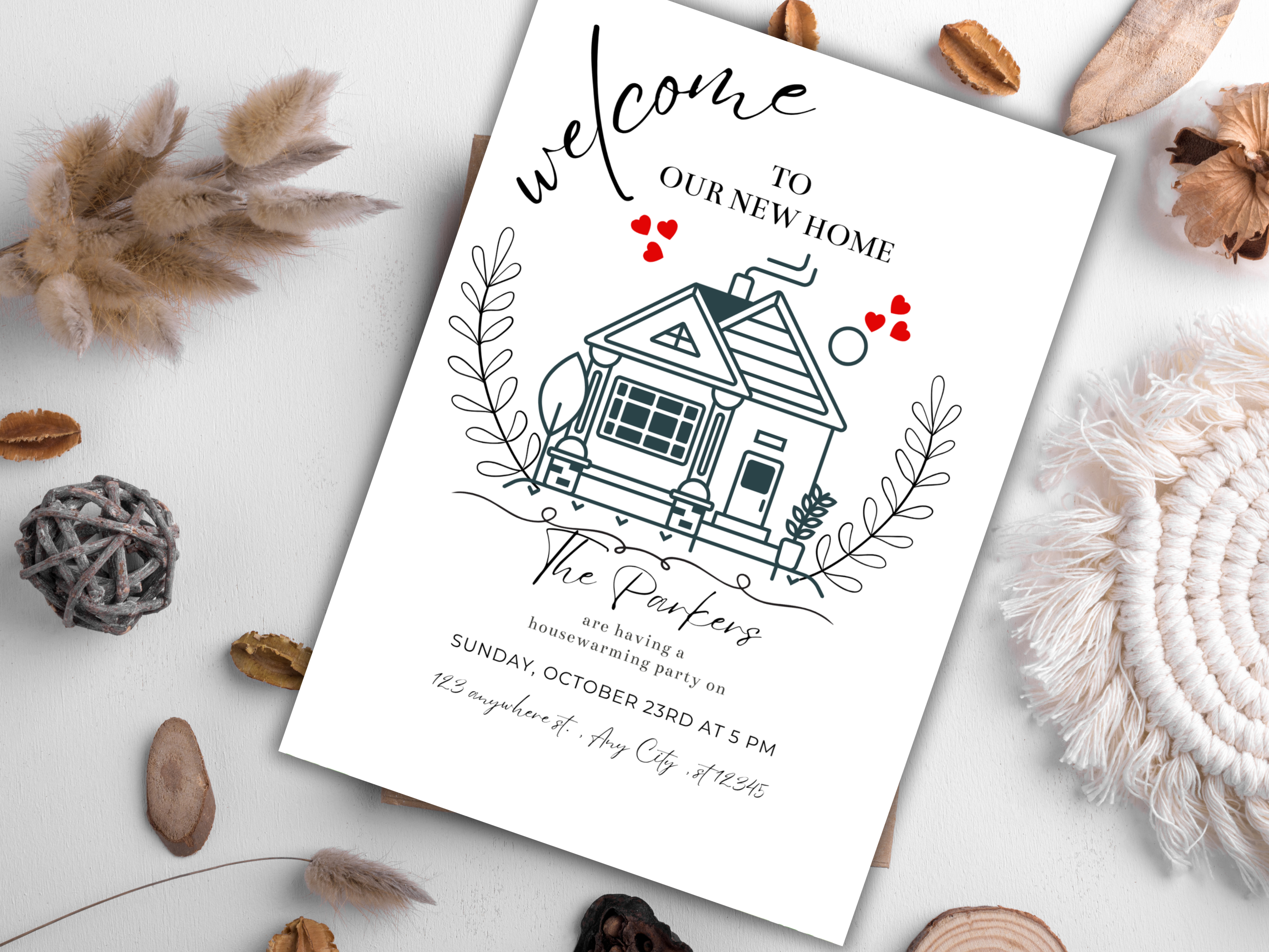 Minimalist Housewarming Invitation Template | Hearts Design | Editable Canva Invite | Modern, Simple, Digital Printable | New Home Party
