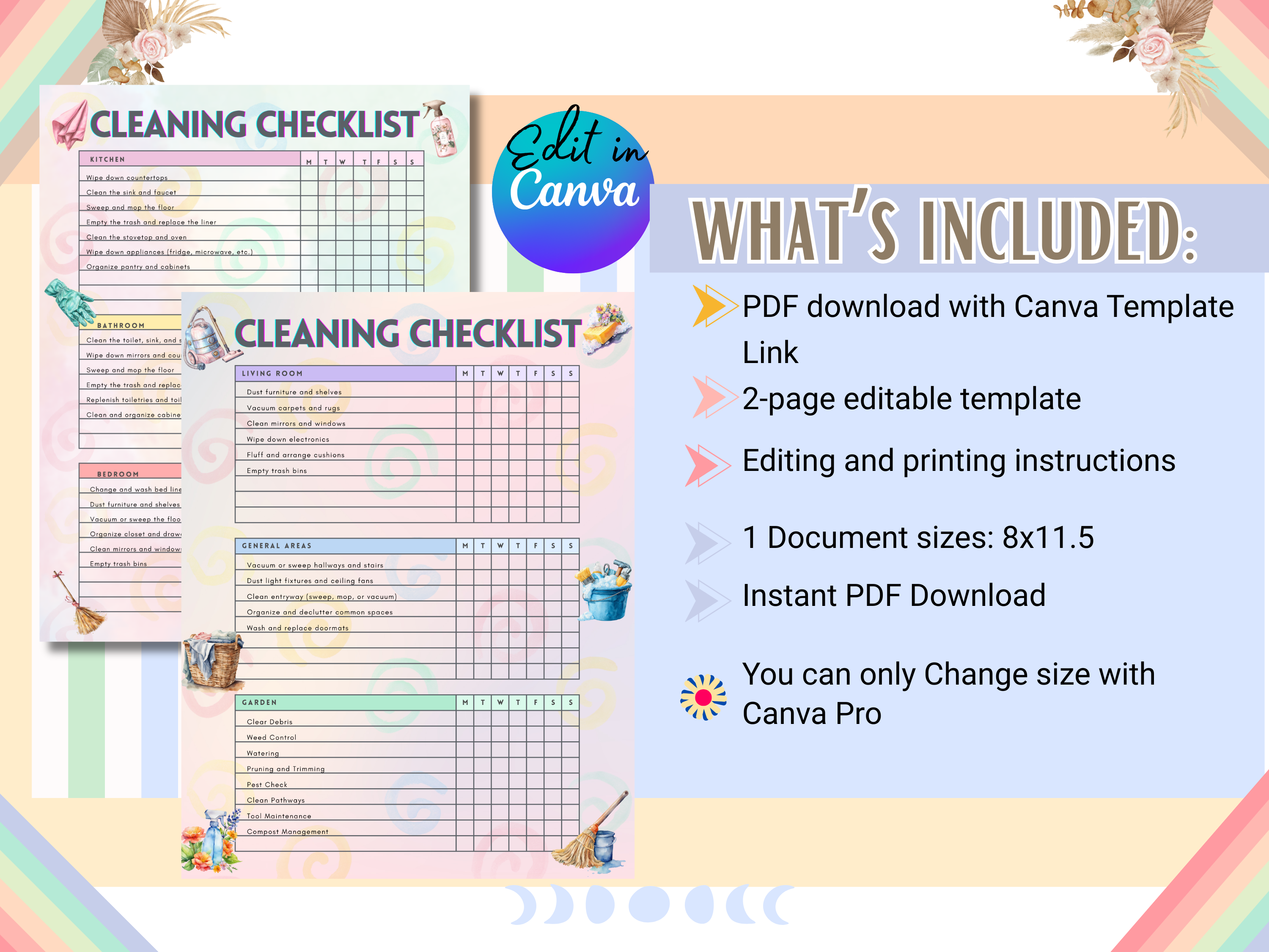 Editable Simple Cleaning Checklists | Daily, Weekly & Monthly Speed-Cleaning Guide | Canva Template | Instant Download