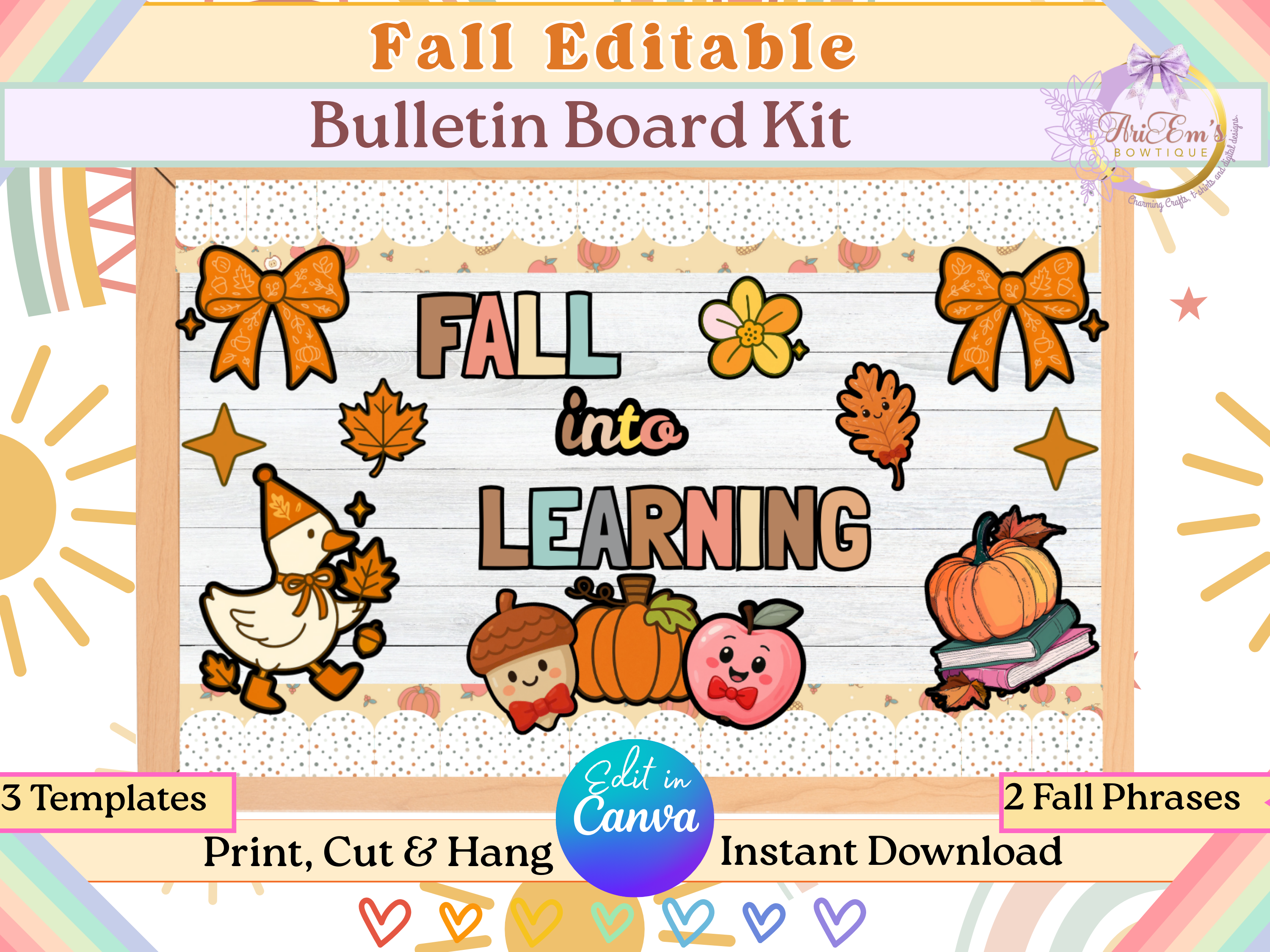 Fall Goose Bulletin Board Kit • Fall Into Learning & Be-Leaf in Yourself Letters • Editable Canva Classroom Decor Autumn Borders Accents PDF