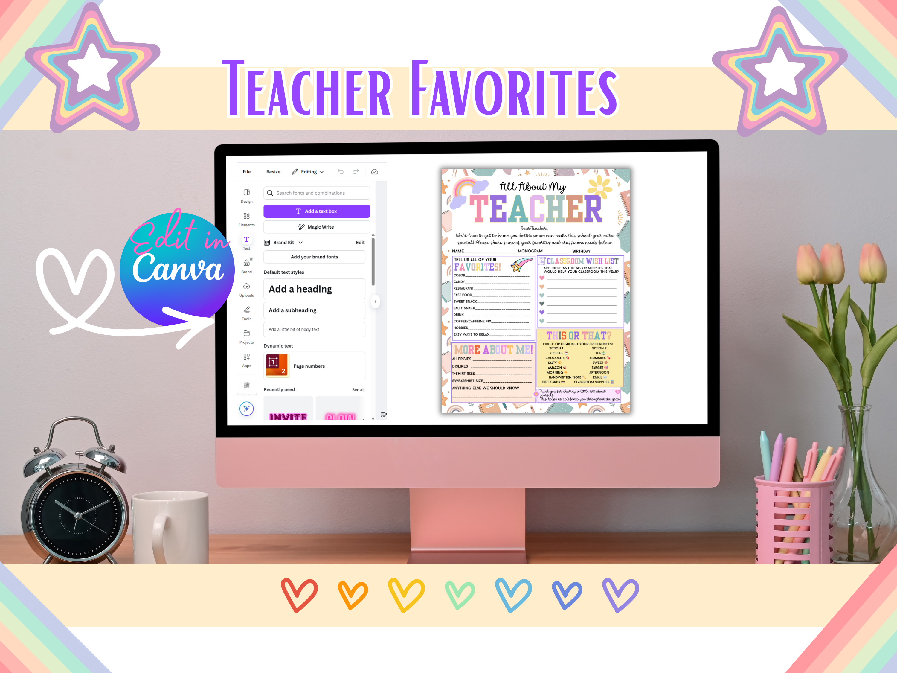 All About Me Teacher Favorites Questionnaire Bundle | Back to School Editable Teacher Survey, Contact Card Gift Tag |Canva Template