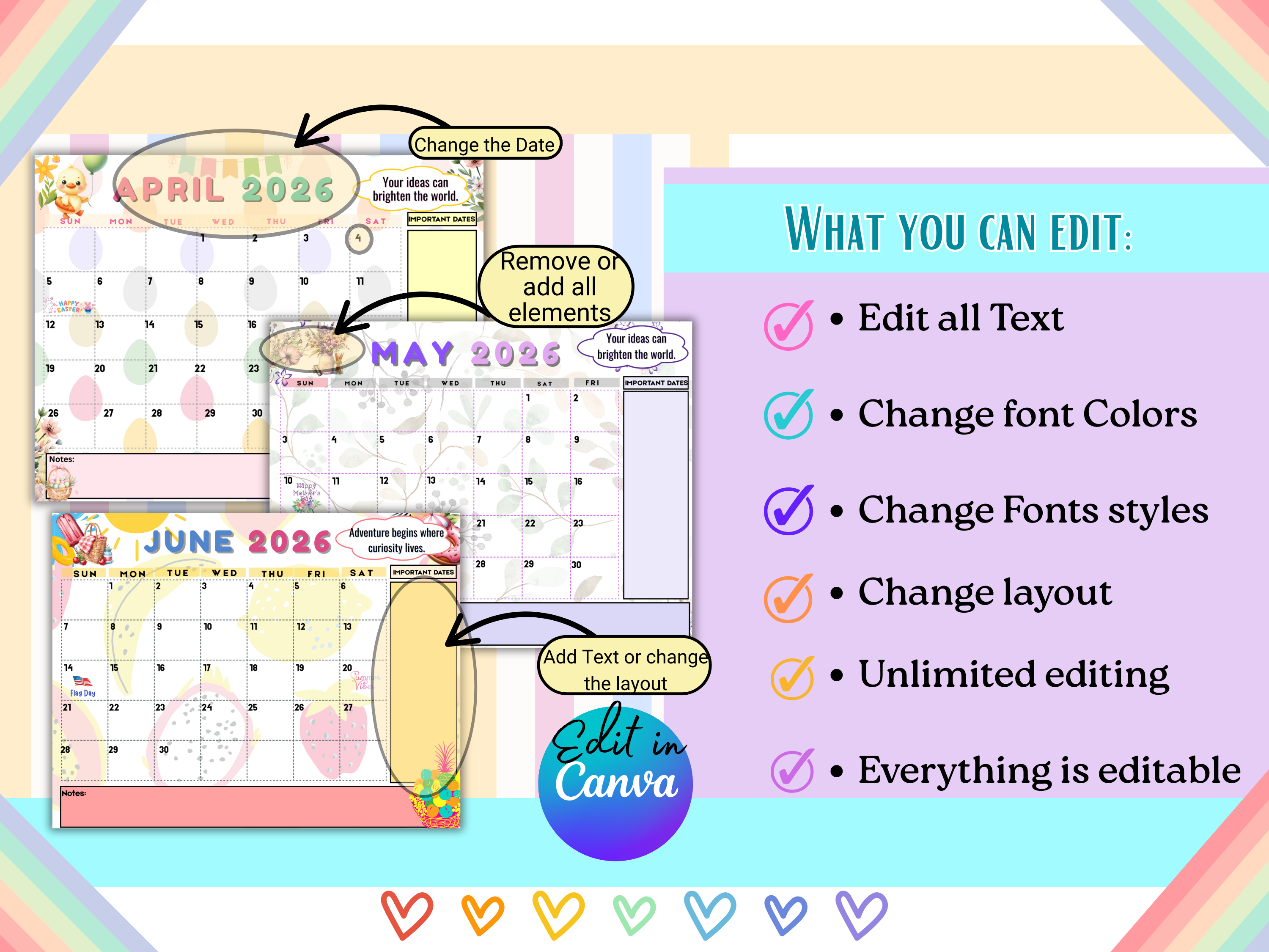 Colorful Kids Motivational Calendar 2026 12 Monthly Themes + Bonus Yearly Calendar – Printable PDF 