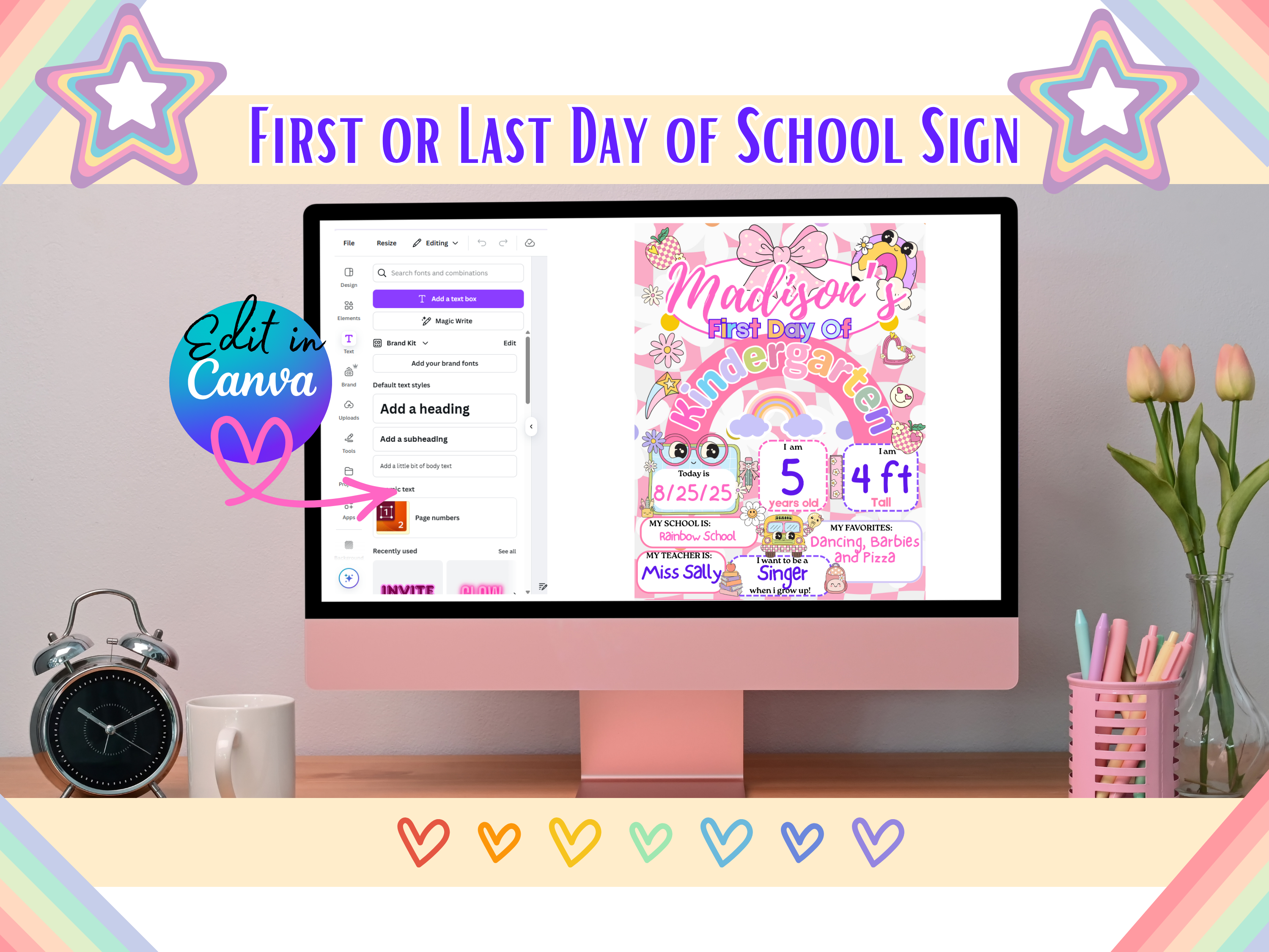 First Day of School Sign Pink Retro Editable Canva Template | Back to School Poster Girl Boho 8.5x11, 11x14, 16x20 | Printable Classroom Decor