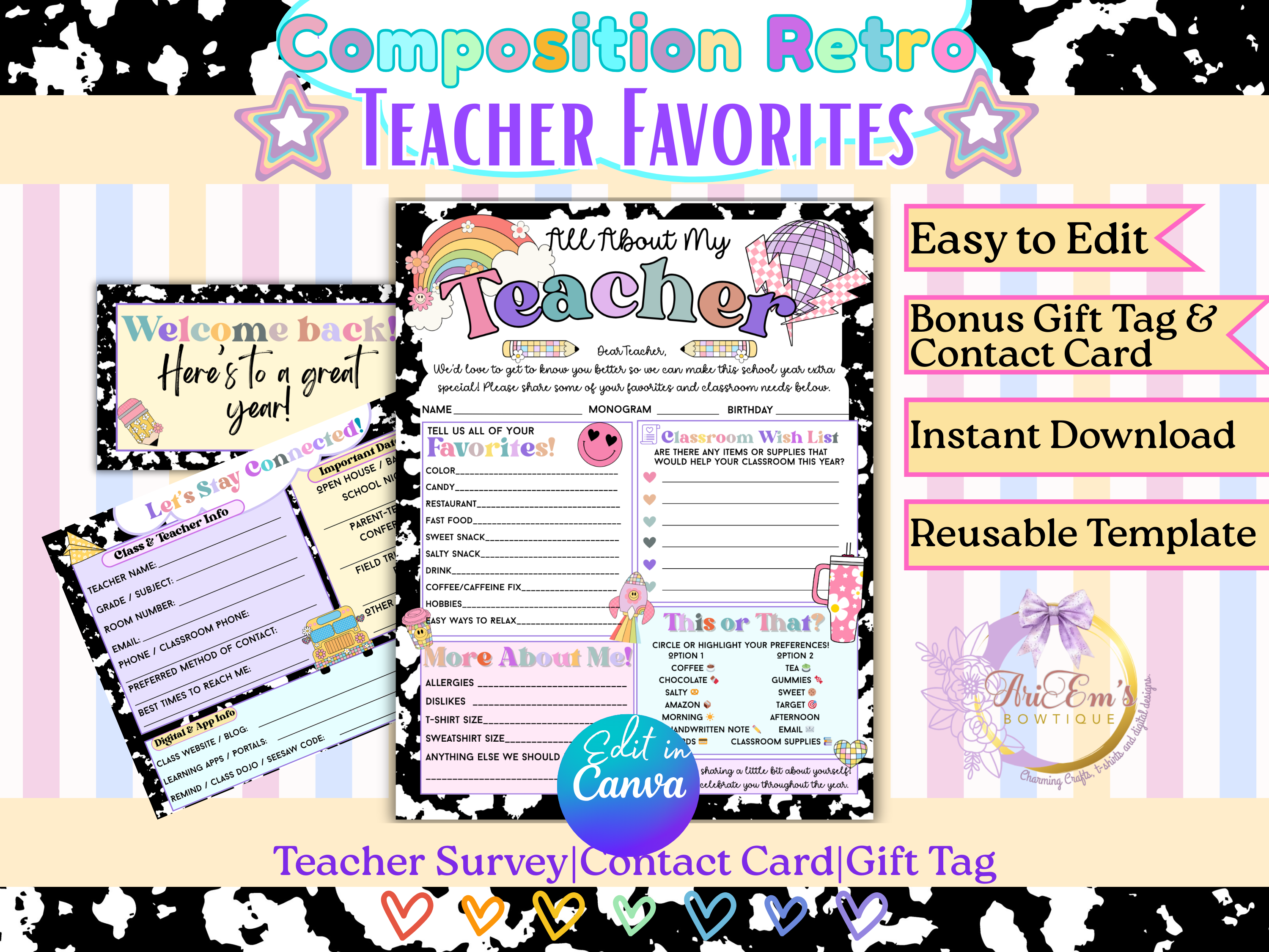 Composition Retro All About Me Teacher Favorites Questionnaire Bundle | Back to School Editable Teacher Survey, Contact Card Gift Tag |Canva Template