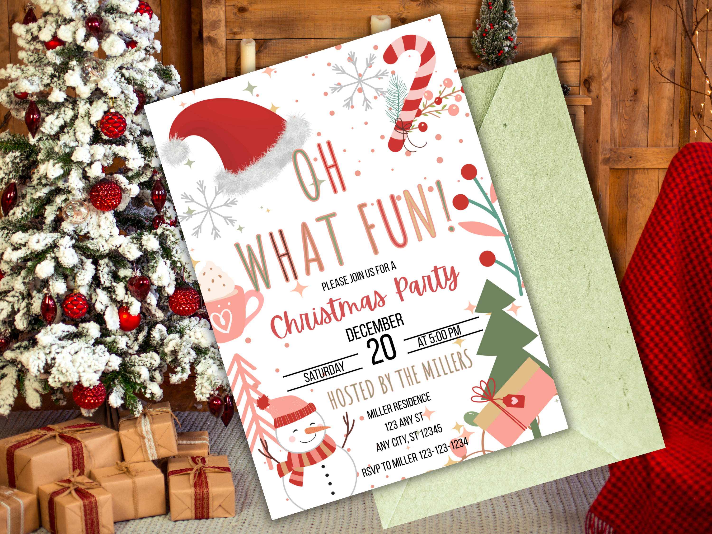 Christmas Party Invitation Kids Holiday Santa Hat | Oh What Fun Christmas Birthday Invite 