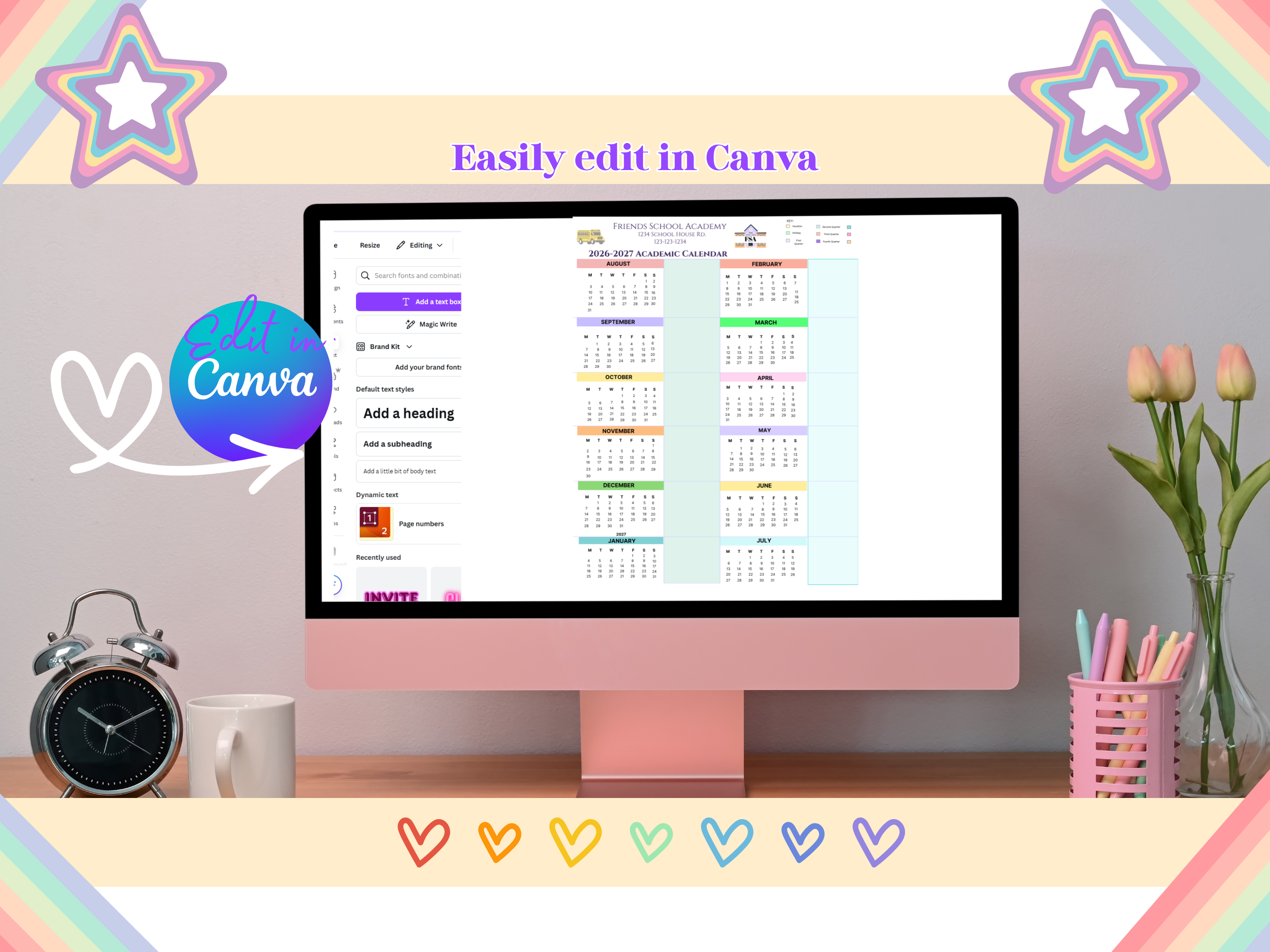 Academic Year Calendar 2026-2027 | School Year at a Glance Planner | Teacher Student Monthly Calendar | Birthday Tracker Canva Template