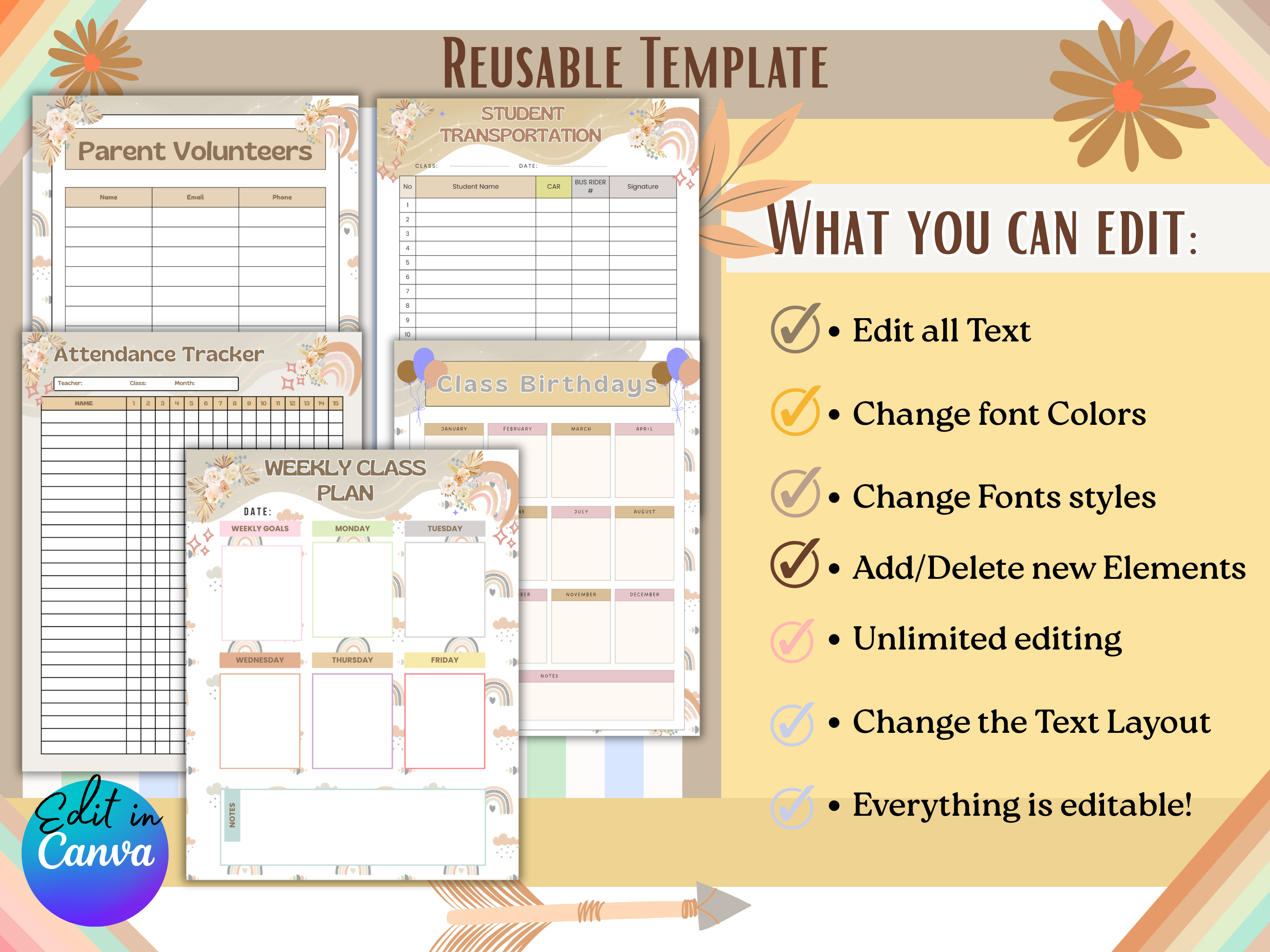 Retro Groovy Back to School Bundle | Editable Teacher Open House Templates | Meet the Teacher, Newsletter, Student Forms | Canva | 21 Pages