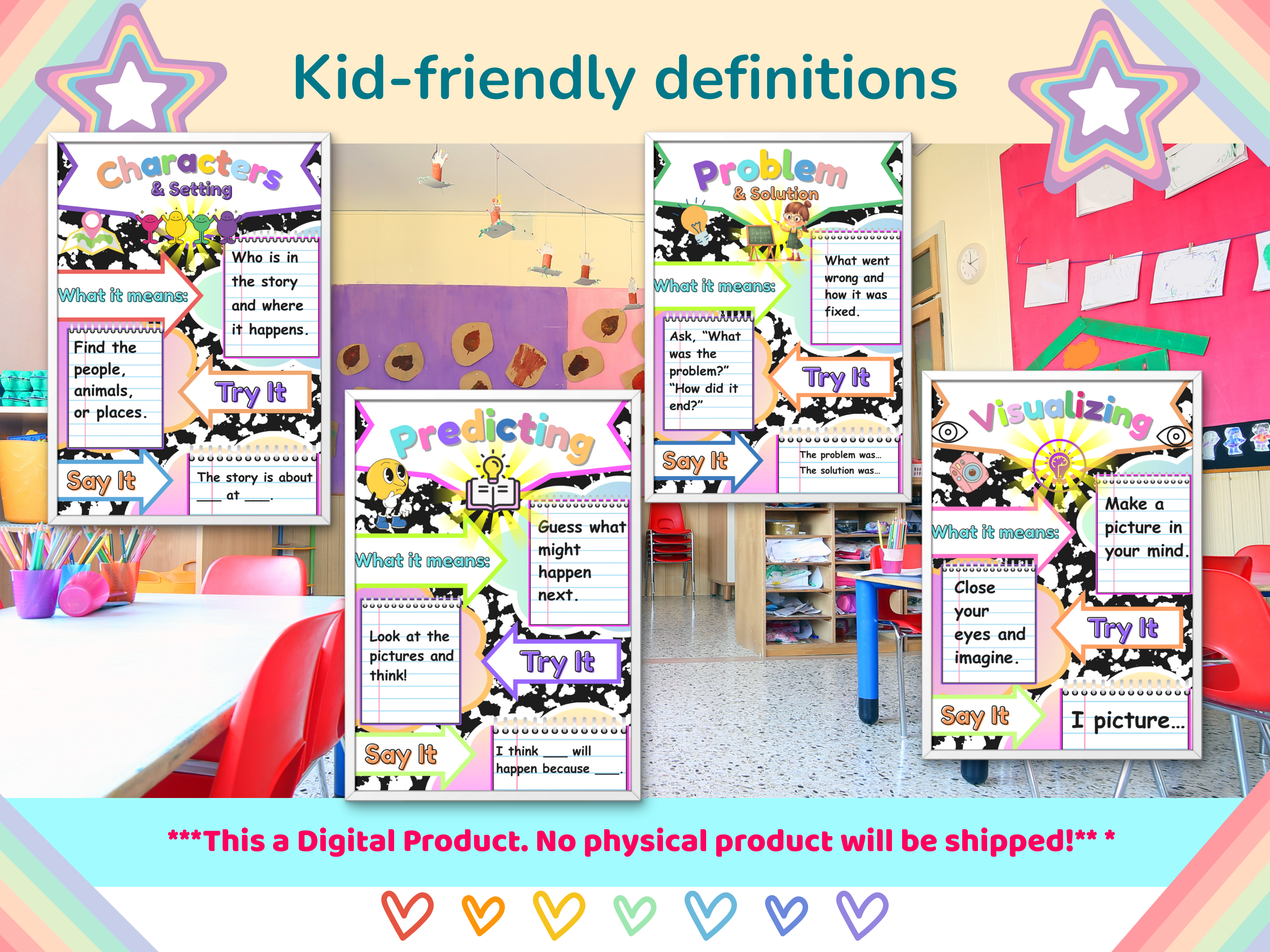 K2 Reading Comprehension Posters for Kids Teachers | Classroom Literacy Decor | 16 Skills Anchor Charts for Bulletin Boards Homeschool