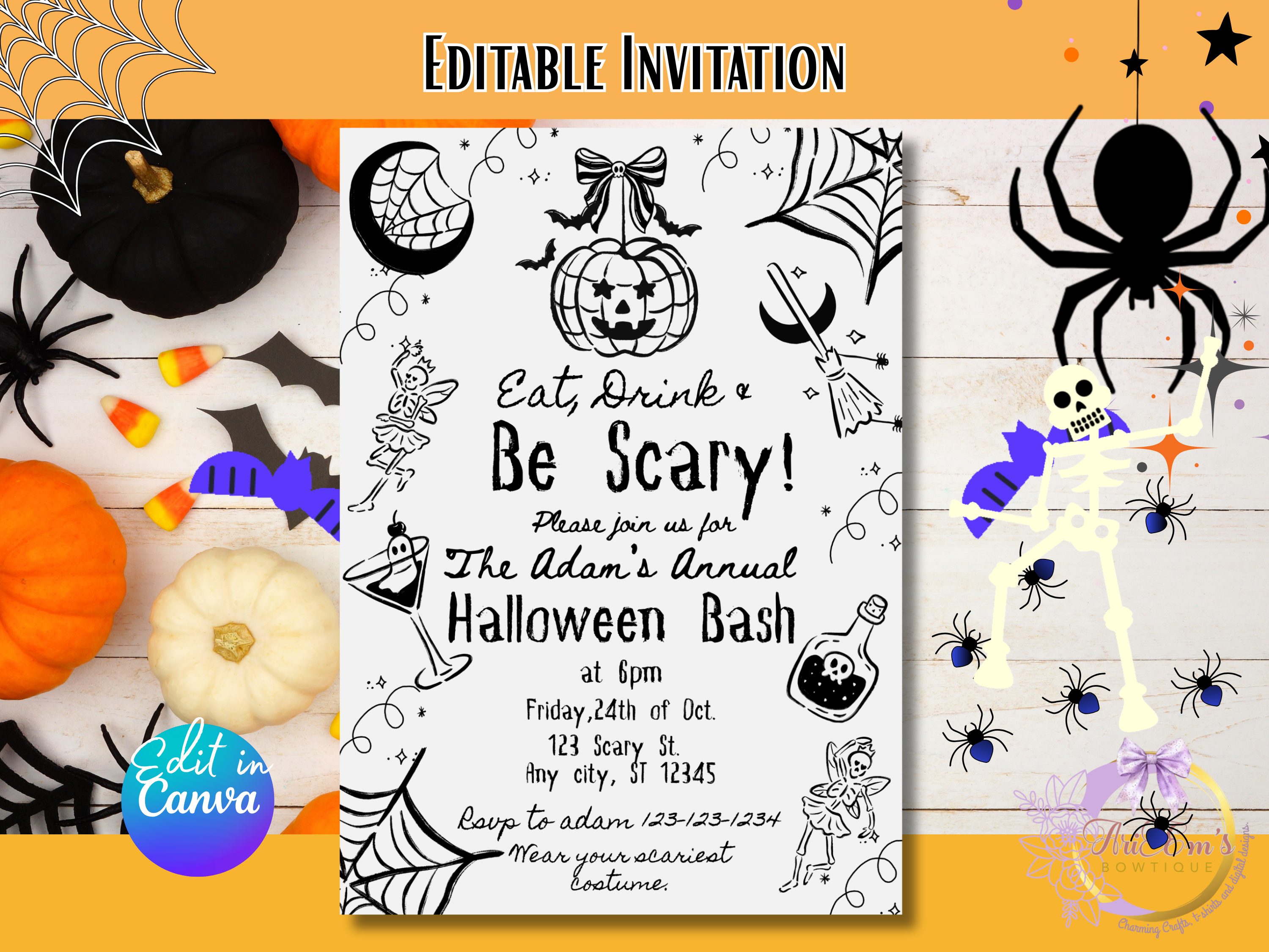 Eat, Drink & Be Scary Halloween Invitation | Canva Editable Template | Spooky Party Whimsical Digital Invite | 5x7 Printable Download
