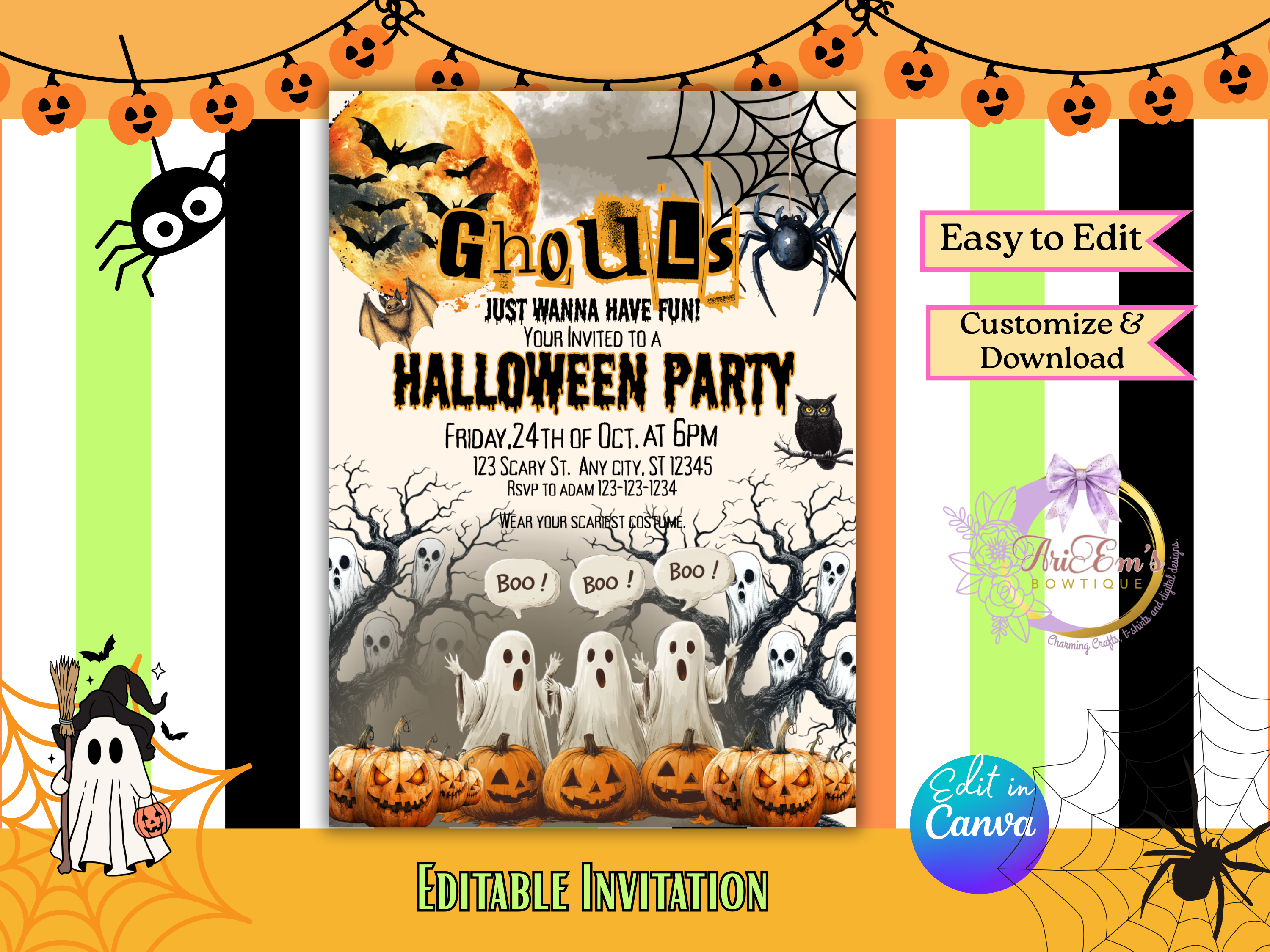 Vintage Ghouls Just Wanna Have Fun Halloween Invitation | Spooky Party Canva Editable Template | 5x7 Printable Digital Download