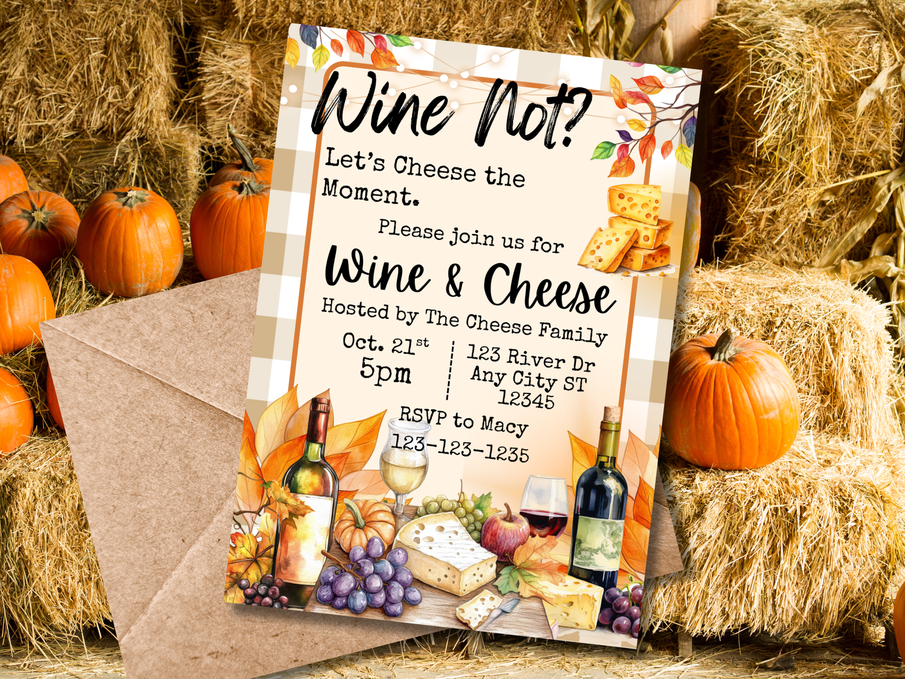Wine Not Let’s Cheese the Moment Wine & Cheese Party Invitation | Charcuterie Dinner Canva Template | Editable Digital Download 5x7